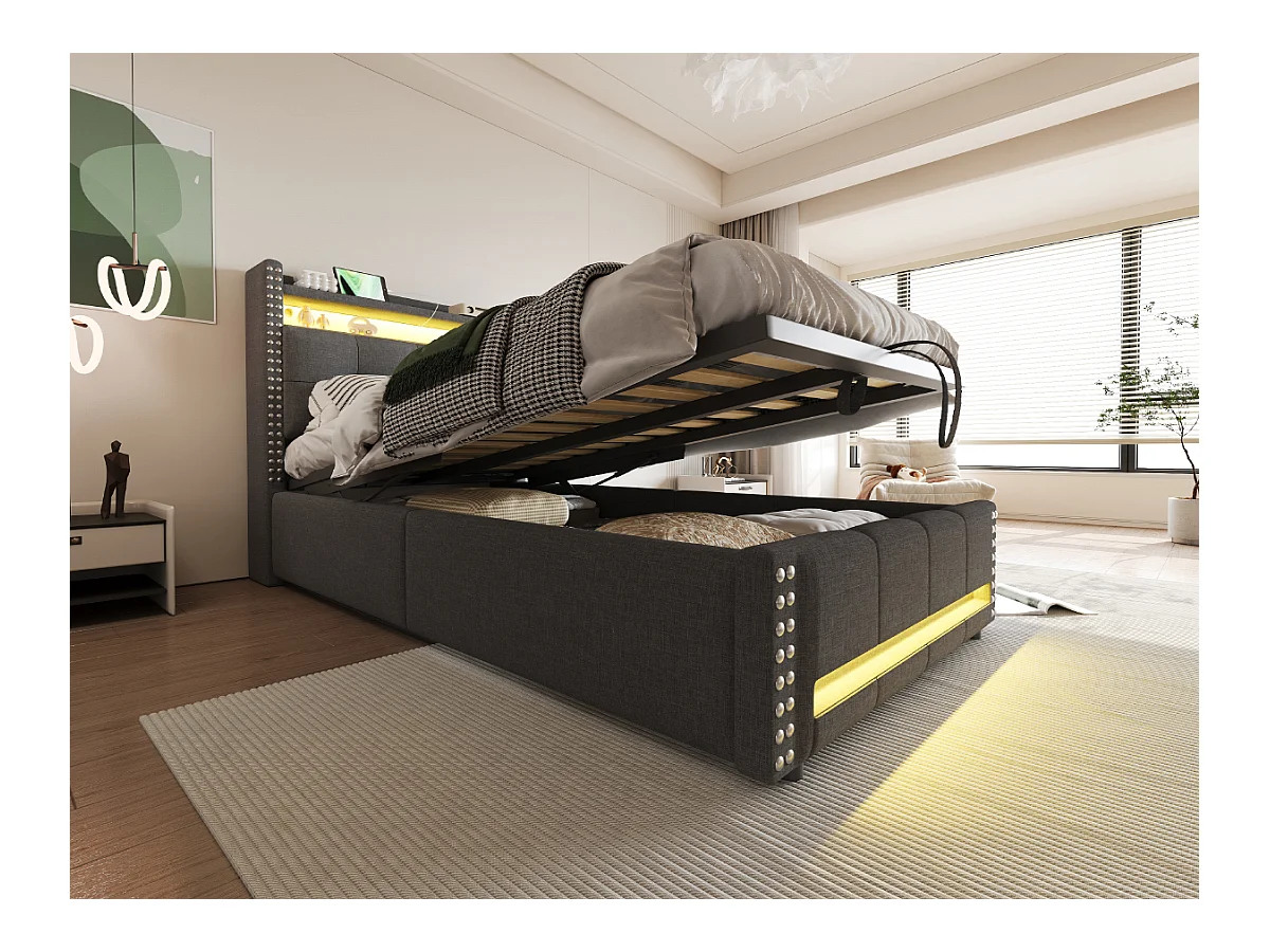 Gestoffeerd bed met opbergruimte voor kinderen - 90 x 200 cm - met LED's + USB + hoofdeinde met opbergruimte - linnen + metaal + multiplex + MDF - Grijs