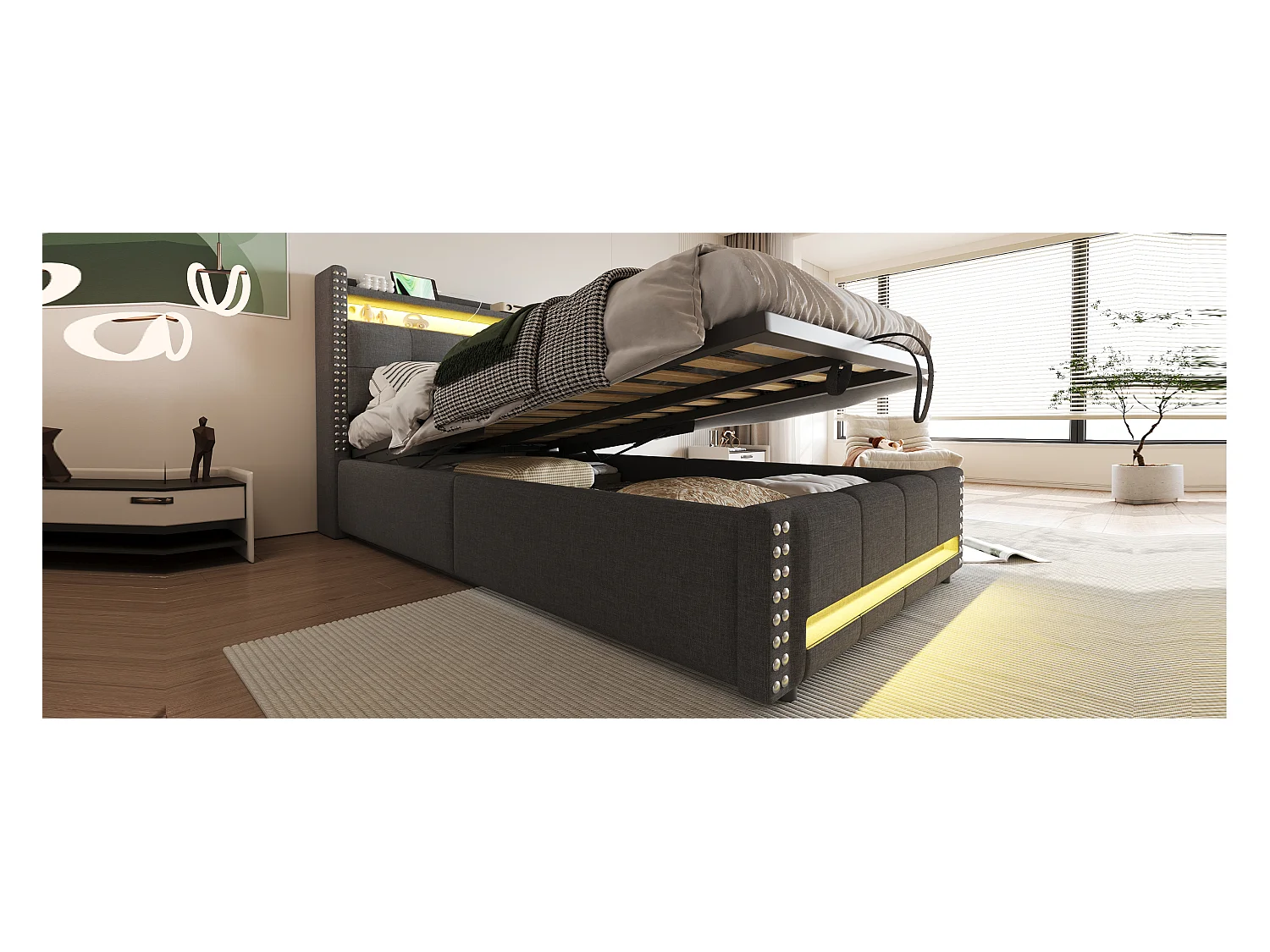 Gestoffeerd bed met opbergruimte voor kinderen - 90 x 200 cm - met LED's + USB + hoofdeinde met opbergruimte - linnen + metaal + multiplex + MDF - Grijs