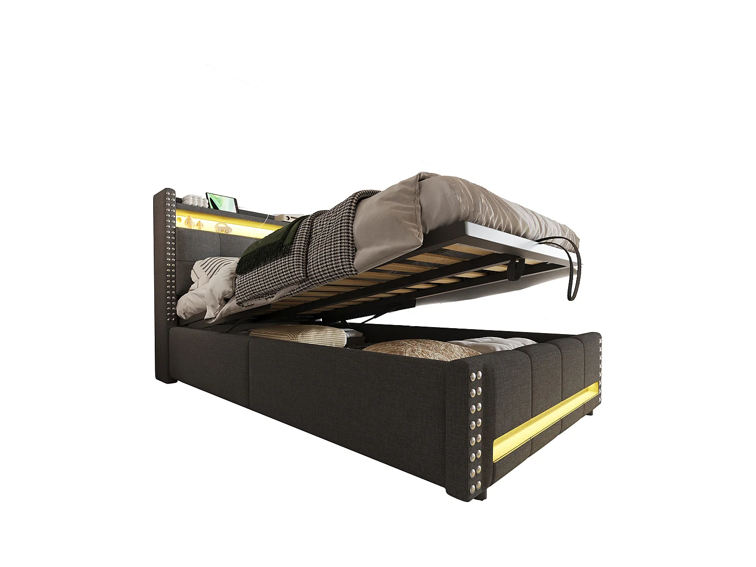 Gestoffeerd bed met opbergruimte voor kinderen - 90 x 200 cm - met LED's + USB + hoofdeinde met opbergruimte - linnen + metaal + multiplex + MDF - Grijs