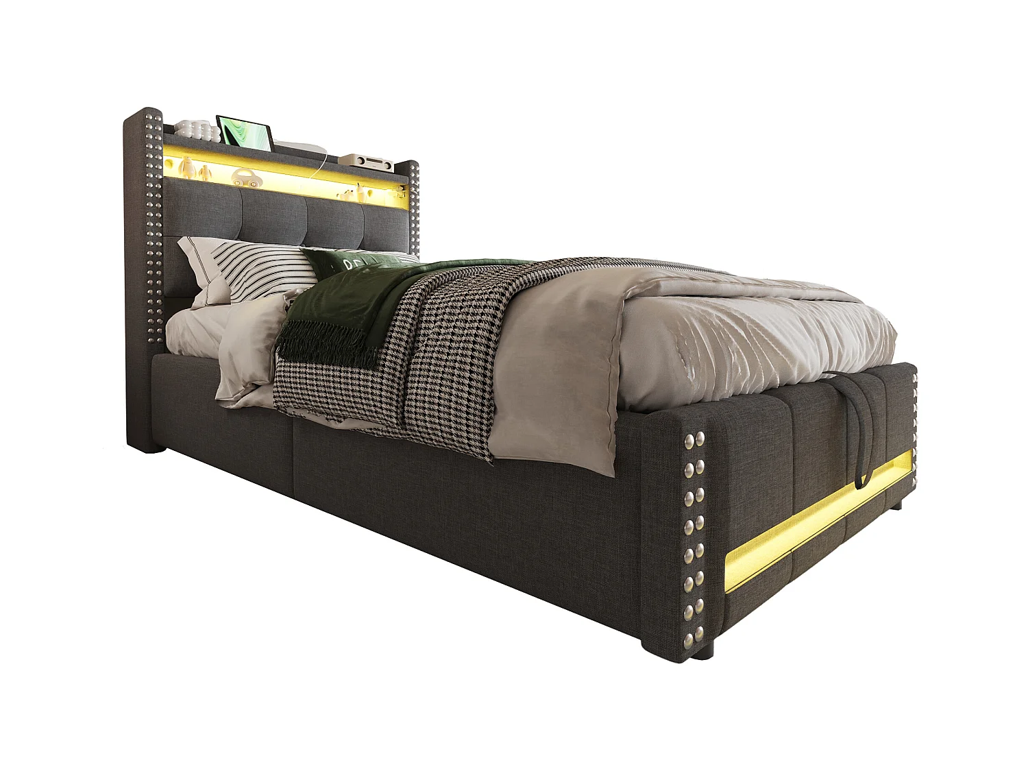 Gestoffeerd bed met opbergruimte voor kinderen - 90 x 200 cm - met LED's + USB + hoofdeinde met opbergruimte - linnen + metaal + multiplex + MDF - Grijs