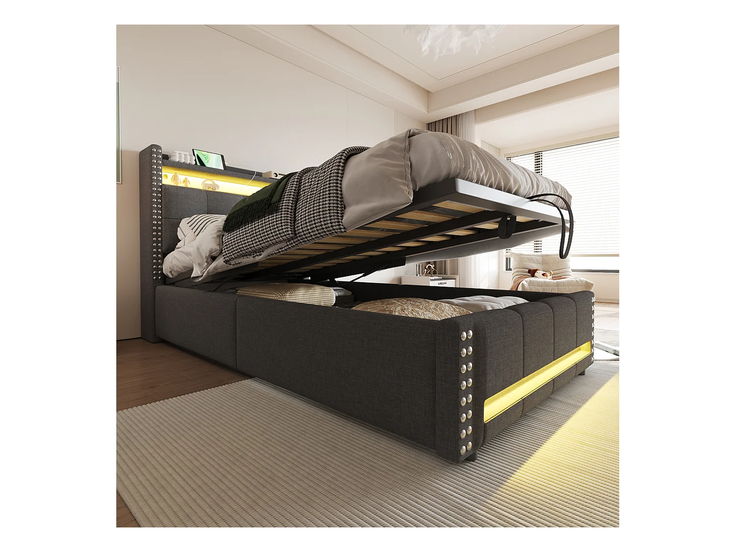 Lit coffre rembourré pour enfant - 90 x 200 cm - avec Leds + USB + tête de lit avec rangement - lin + métal + contreplaqué + MDF - gris
