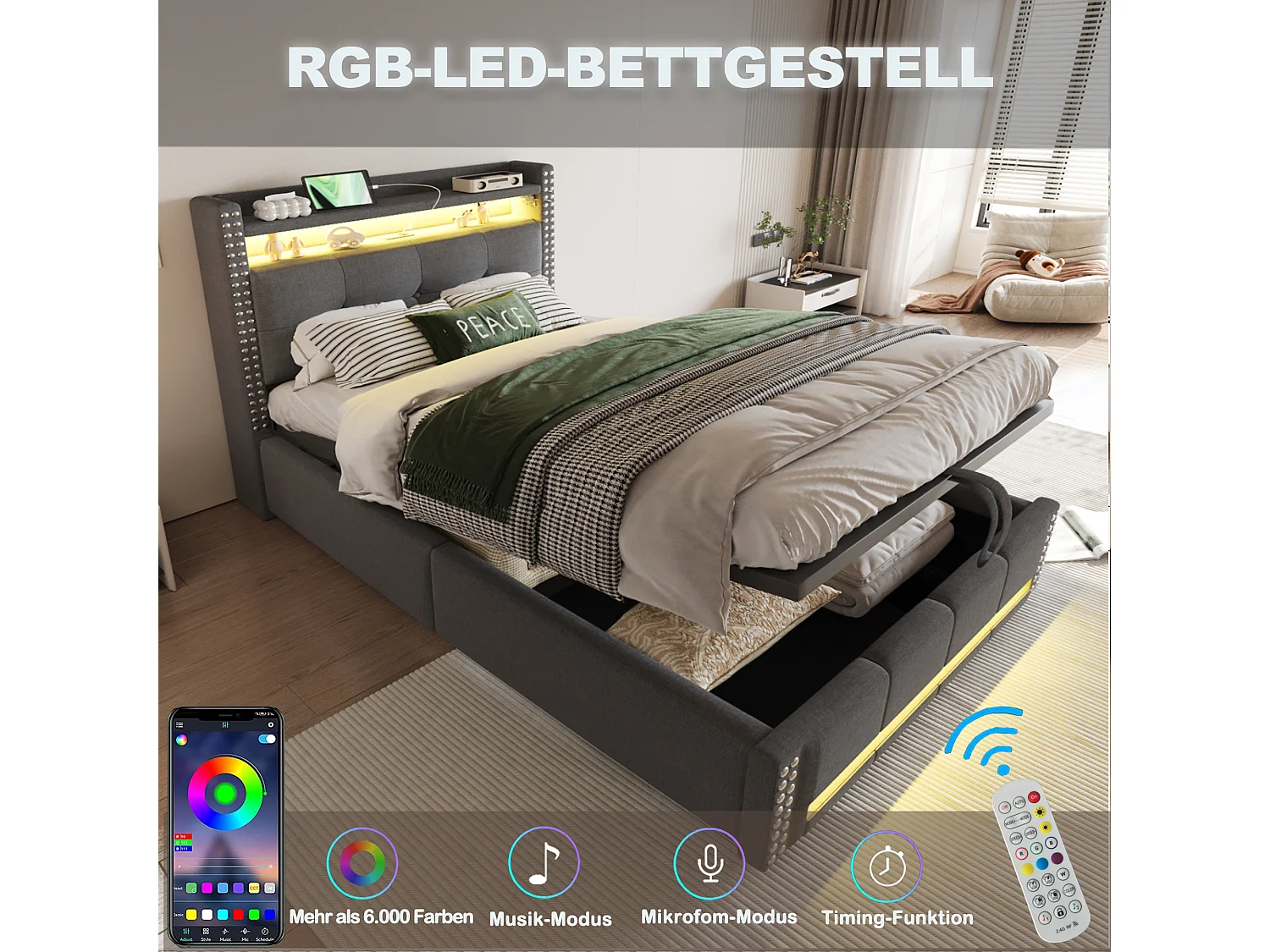 Gepolstertes Kinderbett mit Stauraum – 90 x 200 cm – mit LEDs + USB + Kopfteil mit Stauraum – Leinen + Metall + Sperrholz + MDF – Grau