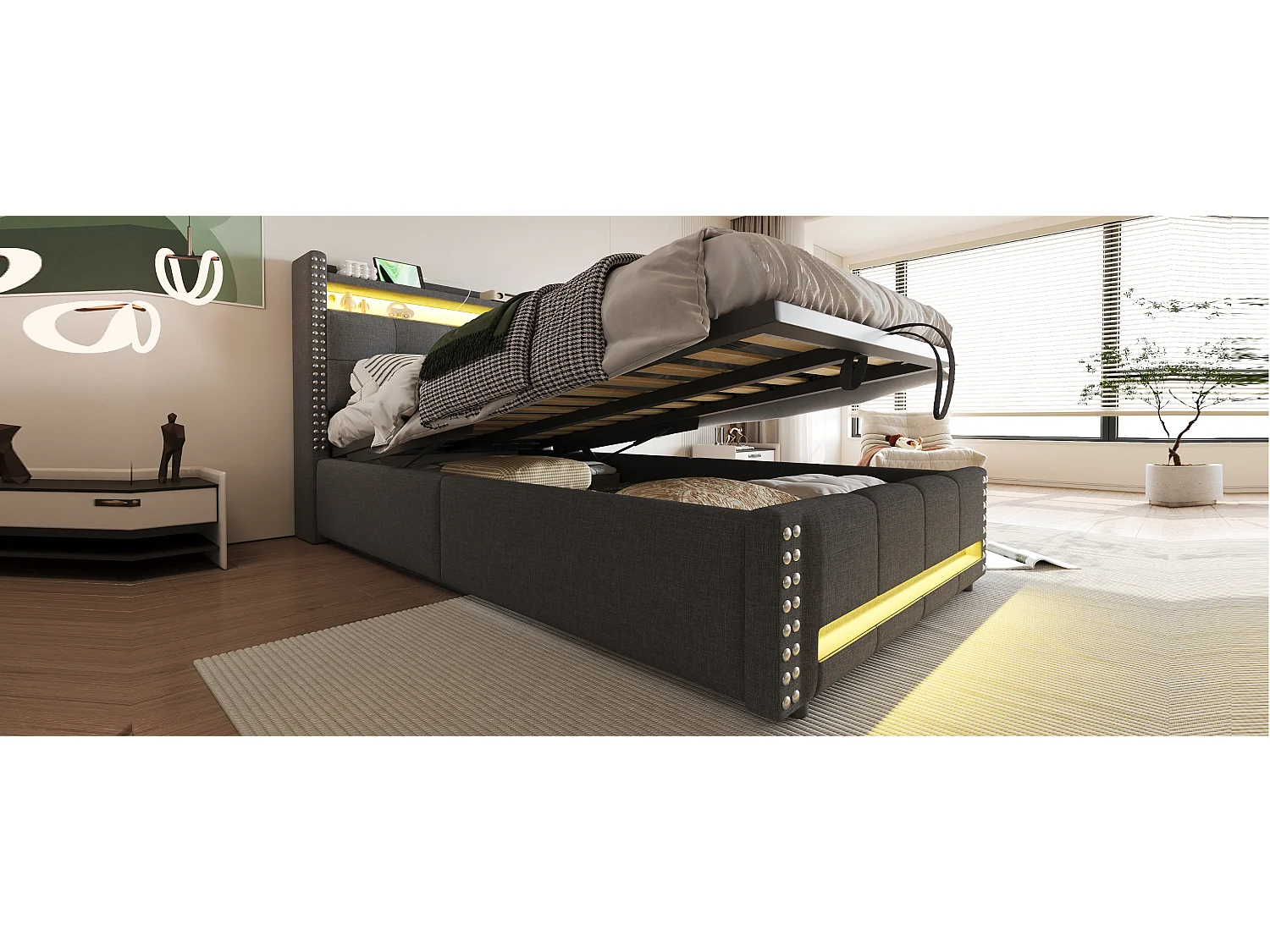 Gepolstertes Kinderbett mit Stauraum – 90 x 200 cm – mit LEDs + USB + Kopfteil mit Stauraum – Leinen + Metall + Sperrholz + MDF – Grau