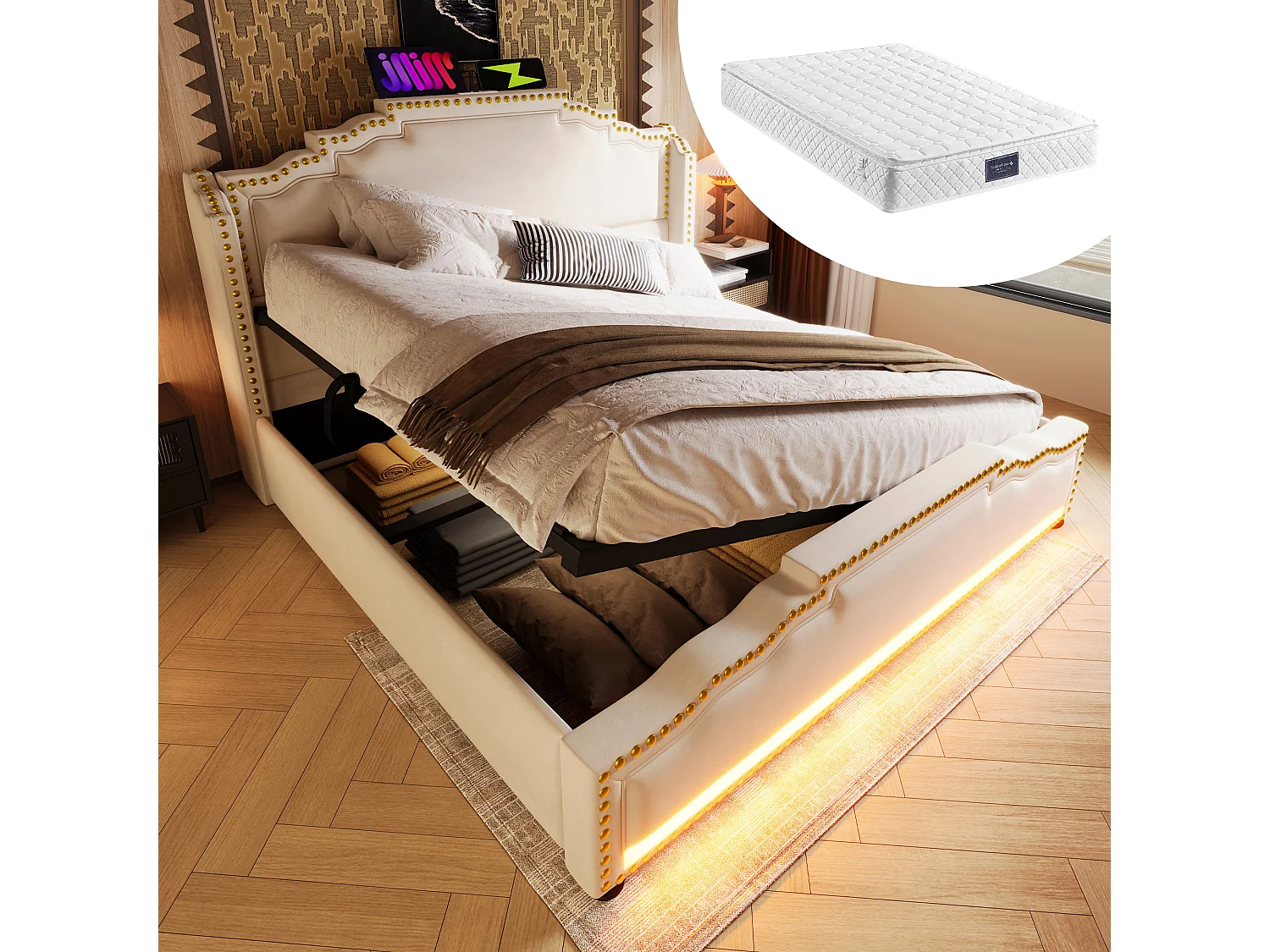 Doppelbett, gepolstert, mit Stauraum – 140 x 200 cm – mit hydraulischem Stauraum, LEDs + USB – mit Matratze – Samt – Beige