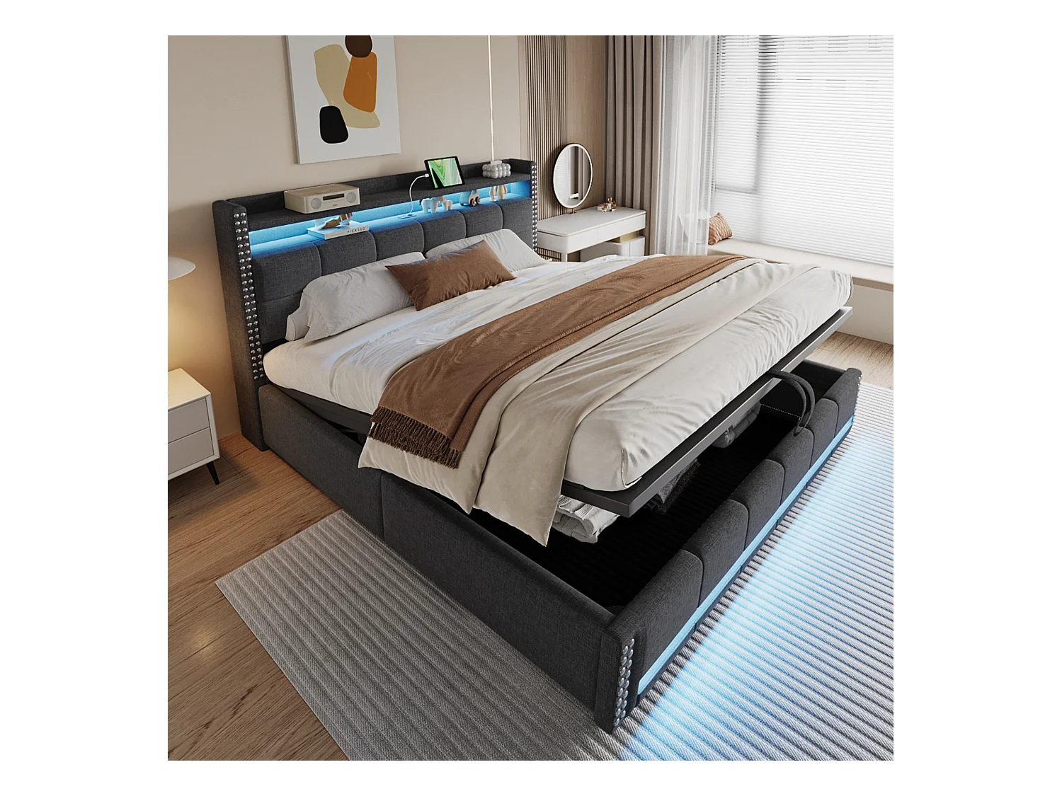 Cama doble tapizada con almacenaje - 180 x 200 cm - con LED + USB + cabecero con almacenaje - Lino + Metal + Contrachapado + MDF - Gris