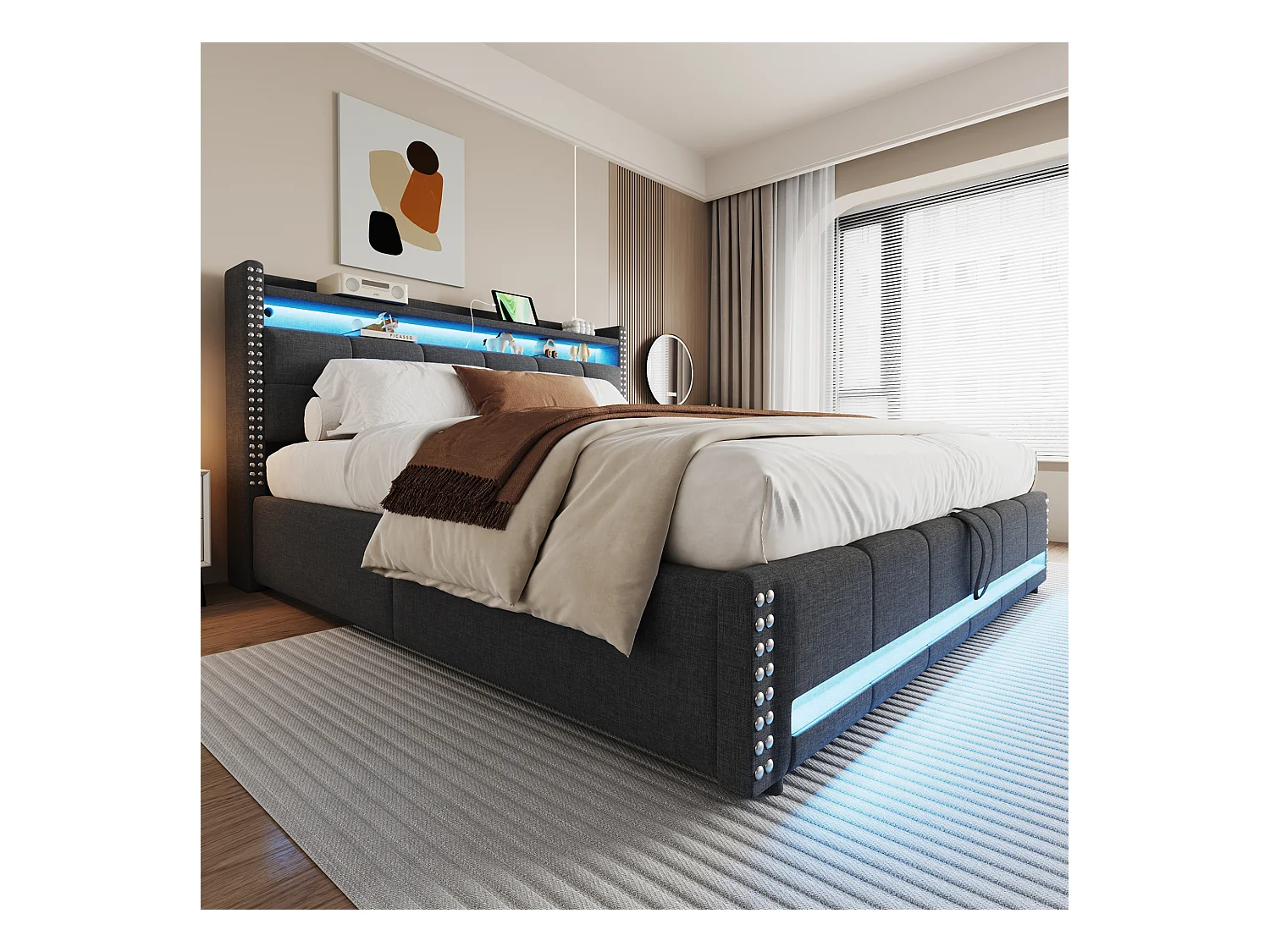 Cama doble tapizada con almacenaje - 180 x 200 cm - con LED + USB + cabecero con almacenaje - Lino + Metal + Contrachapado + MDF - Gris