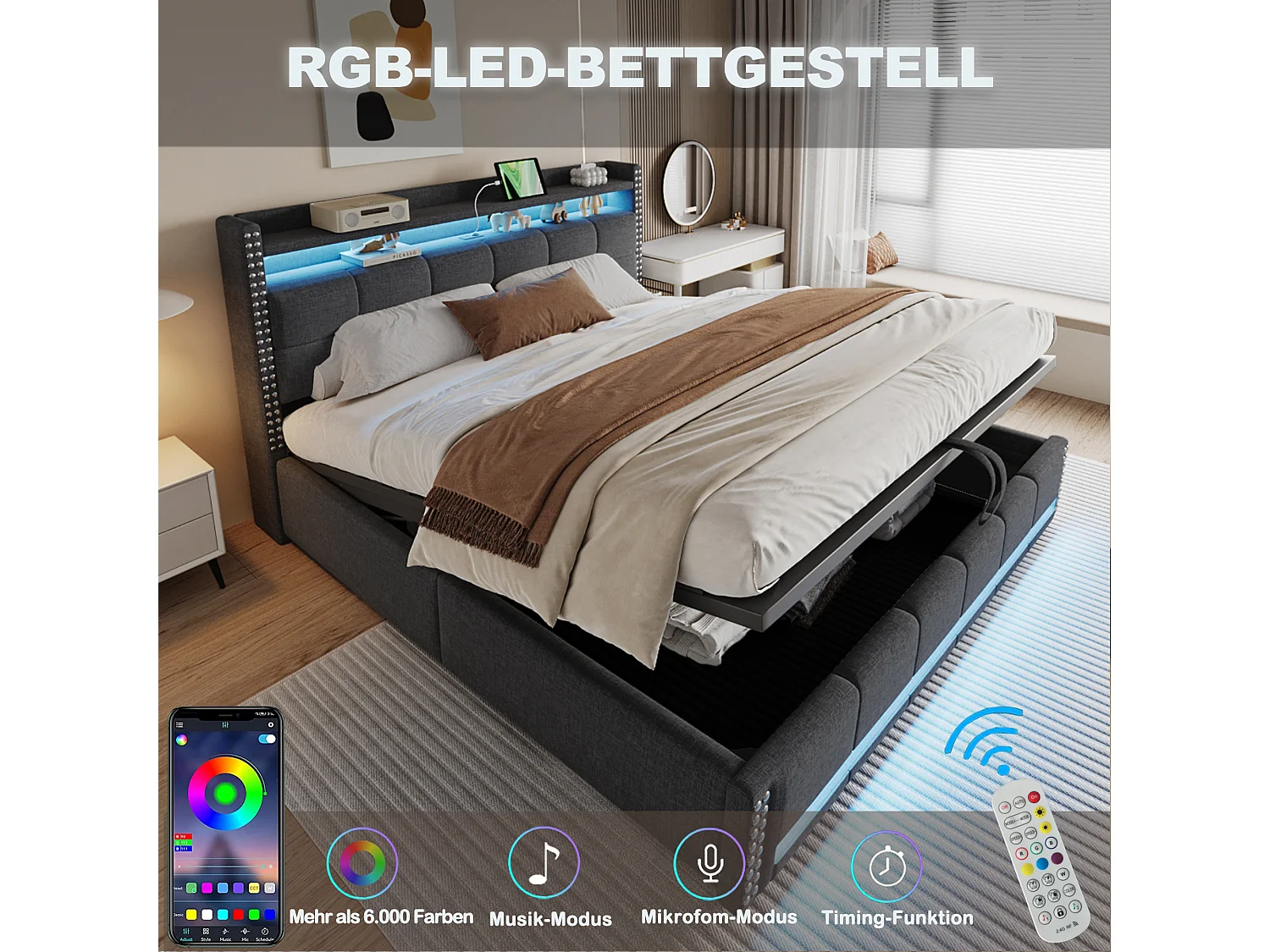 Cama doble tapizada con almacenaje - 180 x 200 cm - con LED + USB + cabecero con almacenaje - Lino + Metal + Contrachapado + MDF - Gris