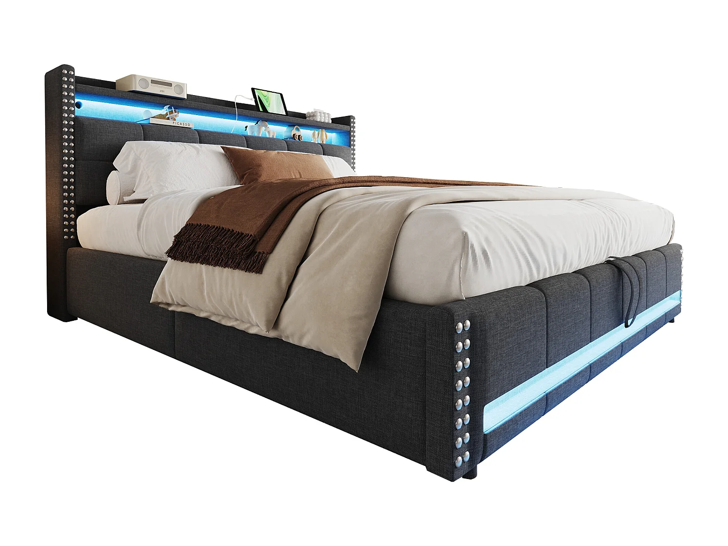 Cama doble tapizada con almacenaje - 180 x 200 cm - con LED + USB + cabecero con almacenaje - Lino + Metal + Contrachapado + MDF - Gris