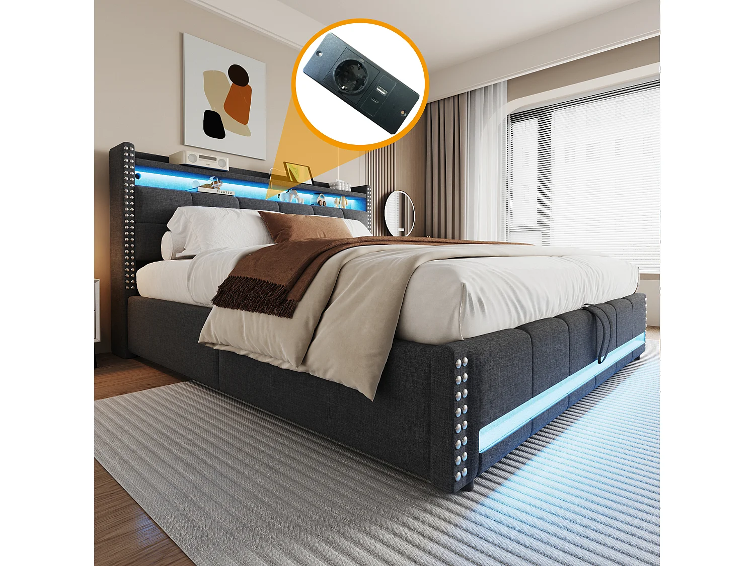 Lit coffre rembourré double - 180 x 200 cm - avec Leds + USB + tête de lit avec rangement - lin + métal + contreplaqué + MDF - gris