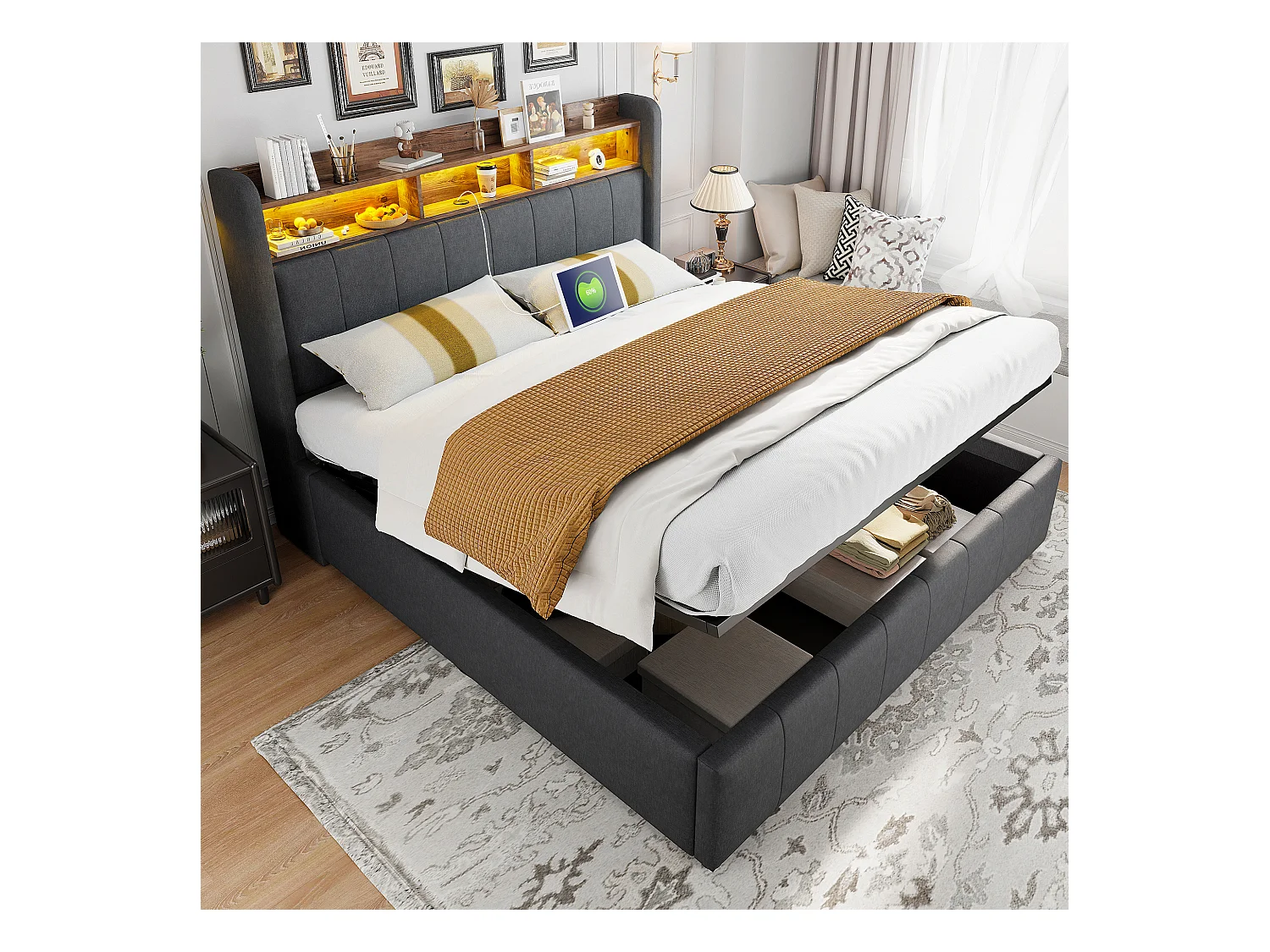 Lit coffre rembourré double - 160 x 200 cm - avec Leds + port USB - tête de lit avec rangement - tissu lin - gris