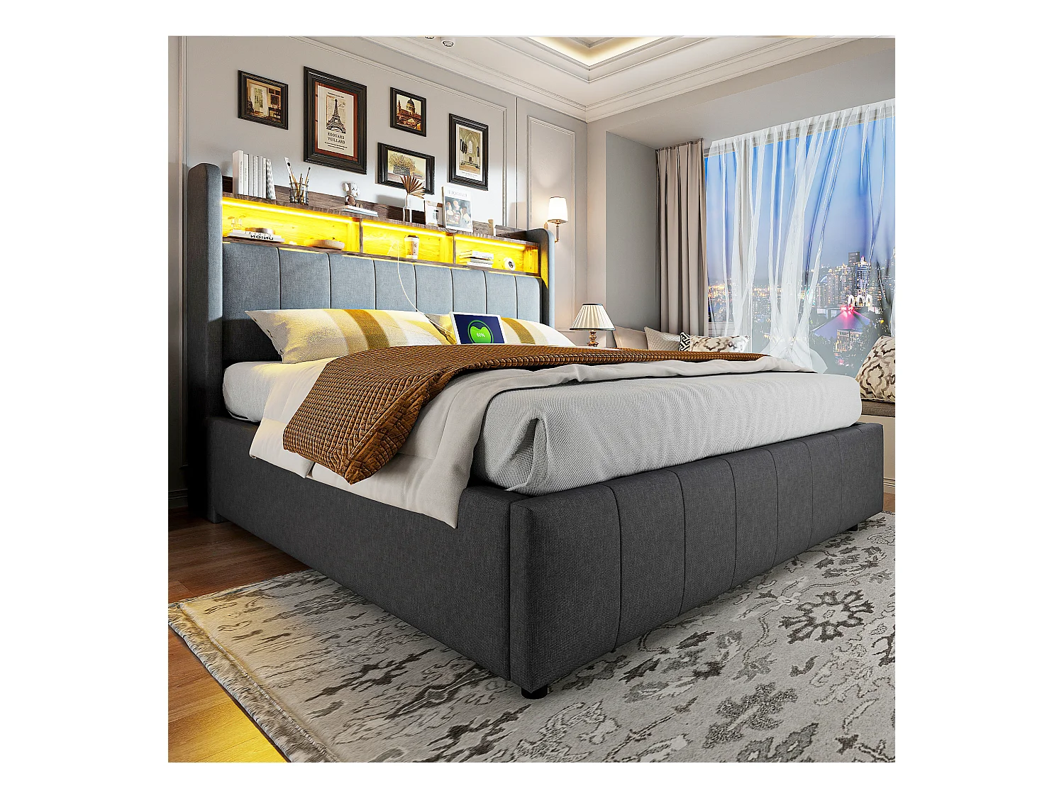 Lit coffre rembourré double - 160 x 200 cm - avec Leds + port USB - tête de lit avec rangement - tissu lin - gris