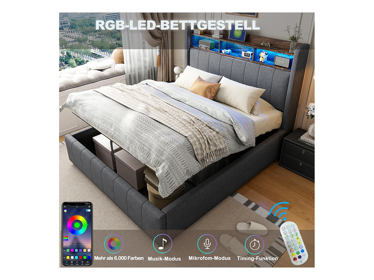 Lit coffre rembourré double - 160 x 200 cm - avec Leds + port USB - tête de lit avec rangement - tissu lin - gris