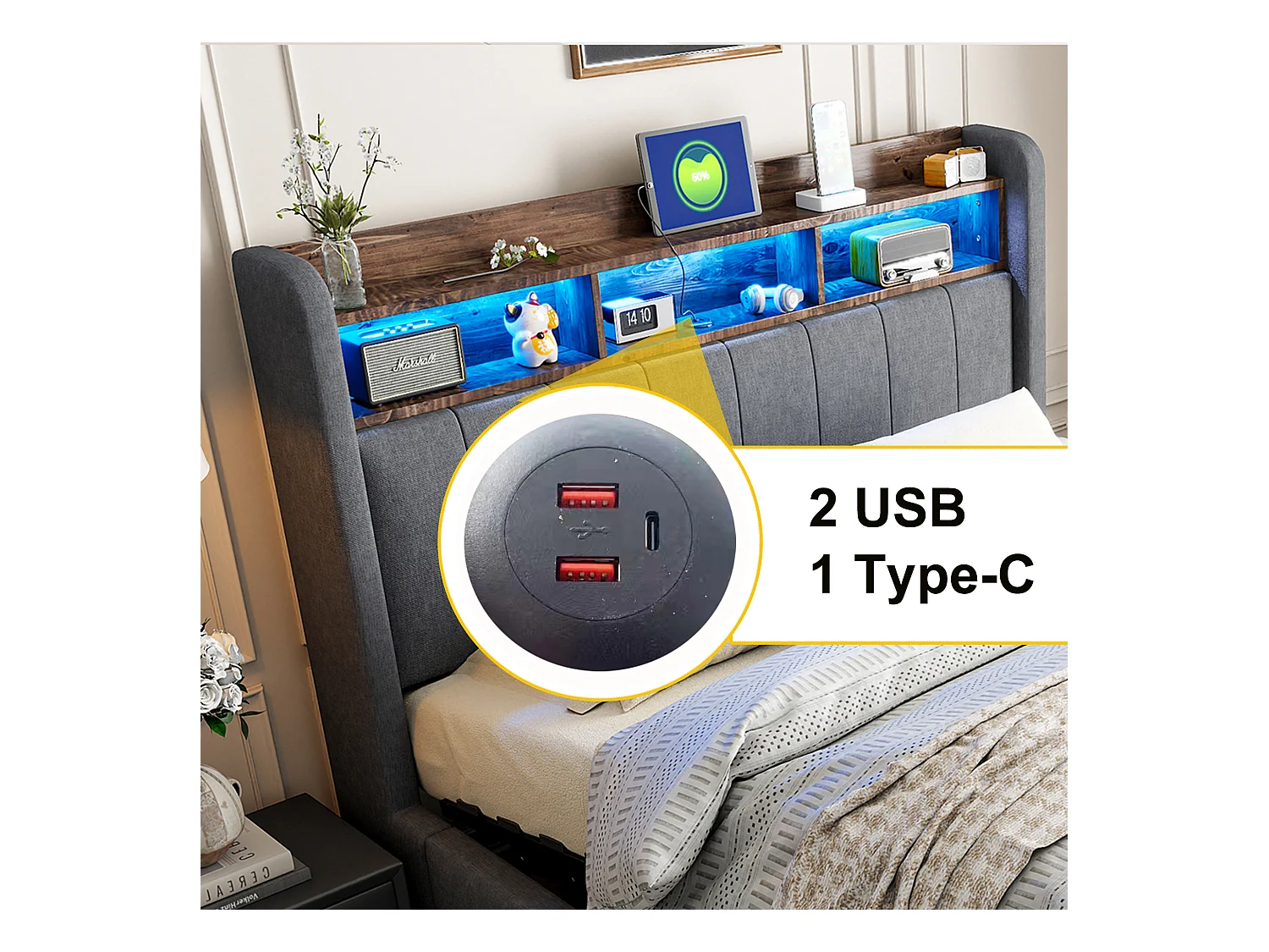 Lit coffre rembourré double - 160 x 200 cm - avec Leds + port USB - tête de lit avec rangement - tissu lin - gris