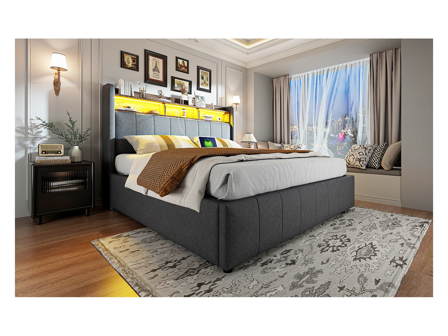 Lit coffre rembourré double - 160 x 200 cm - avec Leds + port USB - tête de lit avec rangement - tissu lin - gris