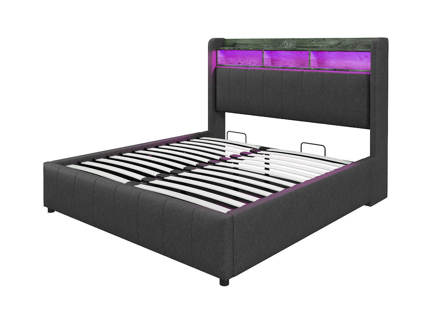 Lit coffre rembourré double - 160 x 200 cm - avec Leds + port USB - tête de lit avec rangement - tissu lin - gris