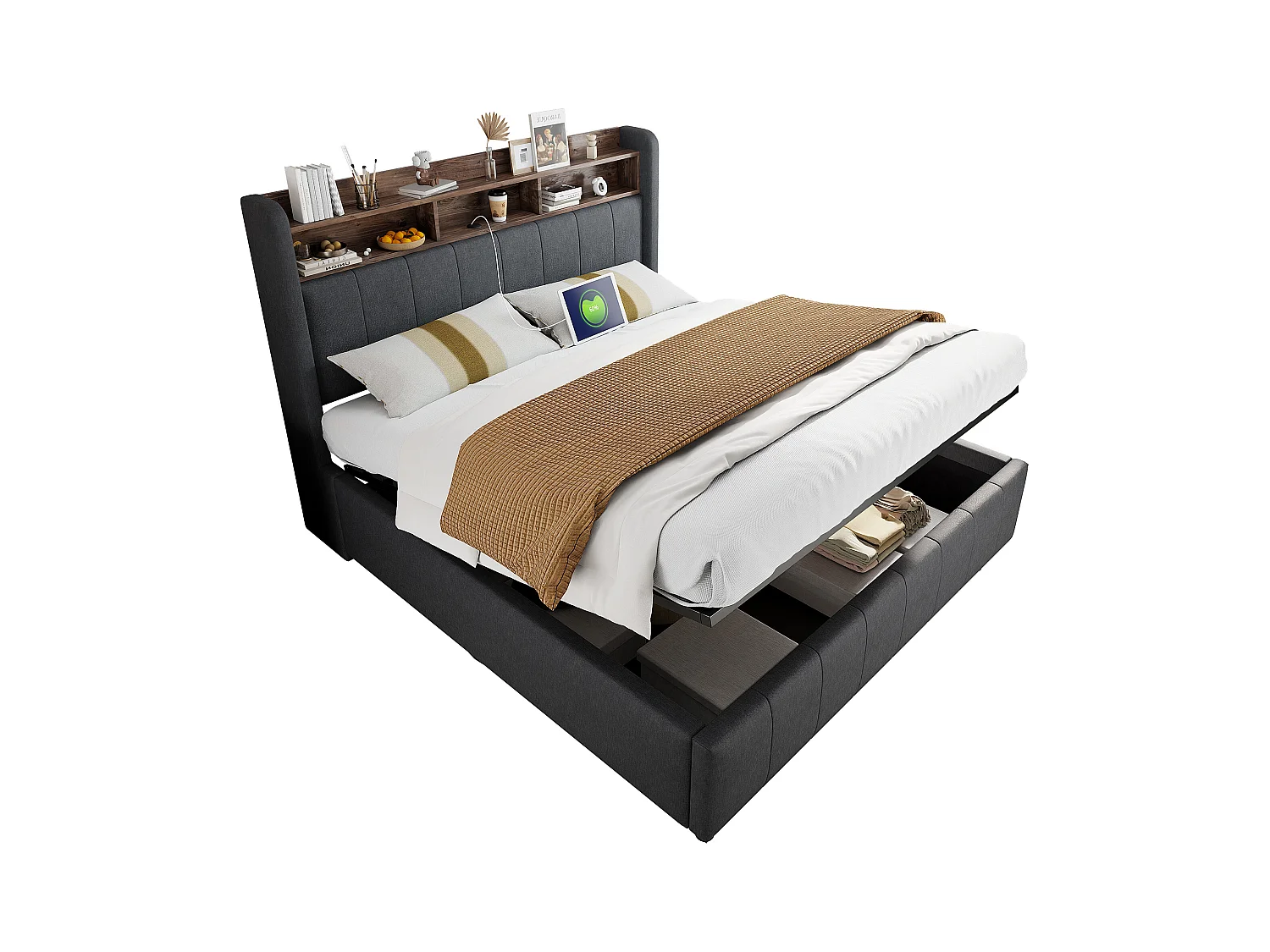 Lit coffre rembourré double - 160 x 200 cm - avec Leds + port USB - tête de lit avec rangement - tissu lin - gris