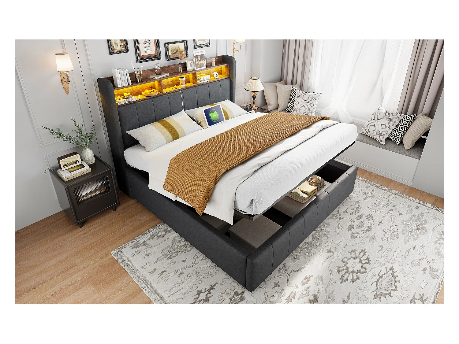 Lit coffre rembourré double - 160 x 200 cm - avec Leds + port USB - tête de lit avec rangement - tissu lin - gris