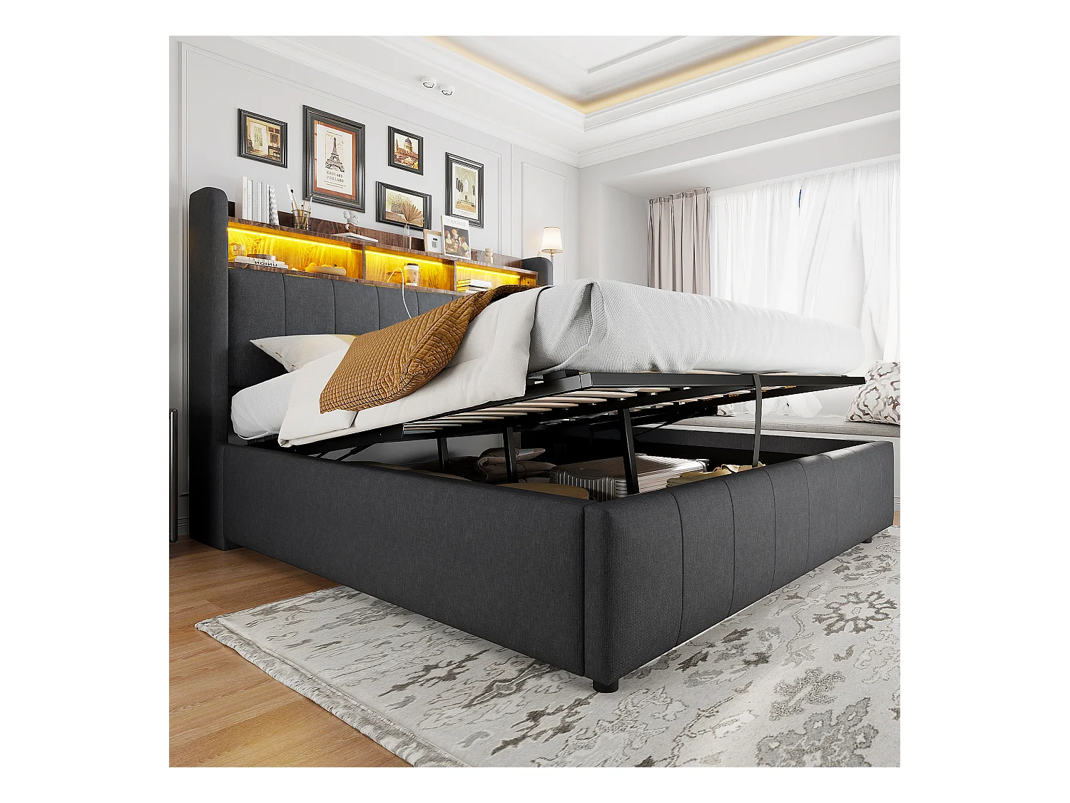 Lit coffre rembourré double - 160 x 200 cm - avec Leds + port USB - tête de lit avec rangement - tissu lin - gris
