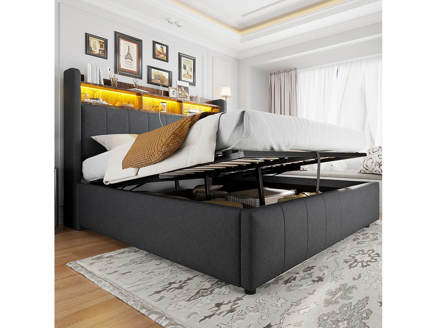 Lit coffre rembourré double - 160 x 200 cm - avec Leds + port USB - tête de lit avec rangement - tissu lin - gris