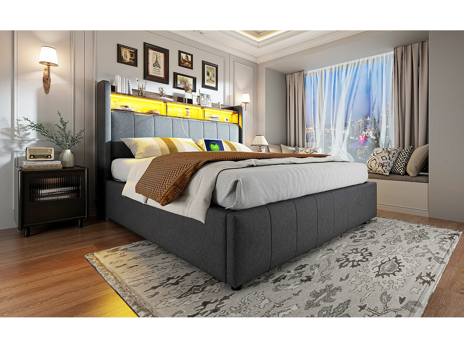 Lit coffre rembourré double - 160 x 200 cm - avec Leds + port USB - tête de lit avec rangement - tissu lin - gris