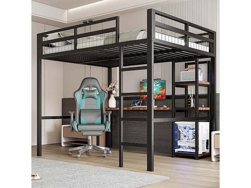 Kinderhochbett – 140 x 200 cm – mit Ablagefächern + Schreibtisch mit Steckdose + USB – Metall + MDF – schwarz