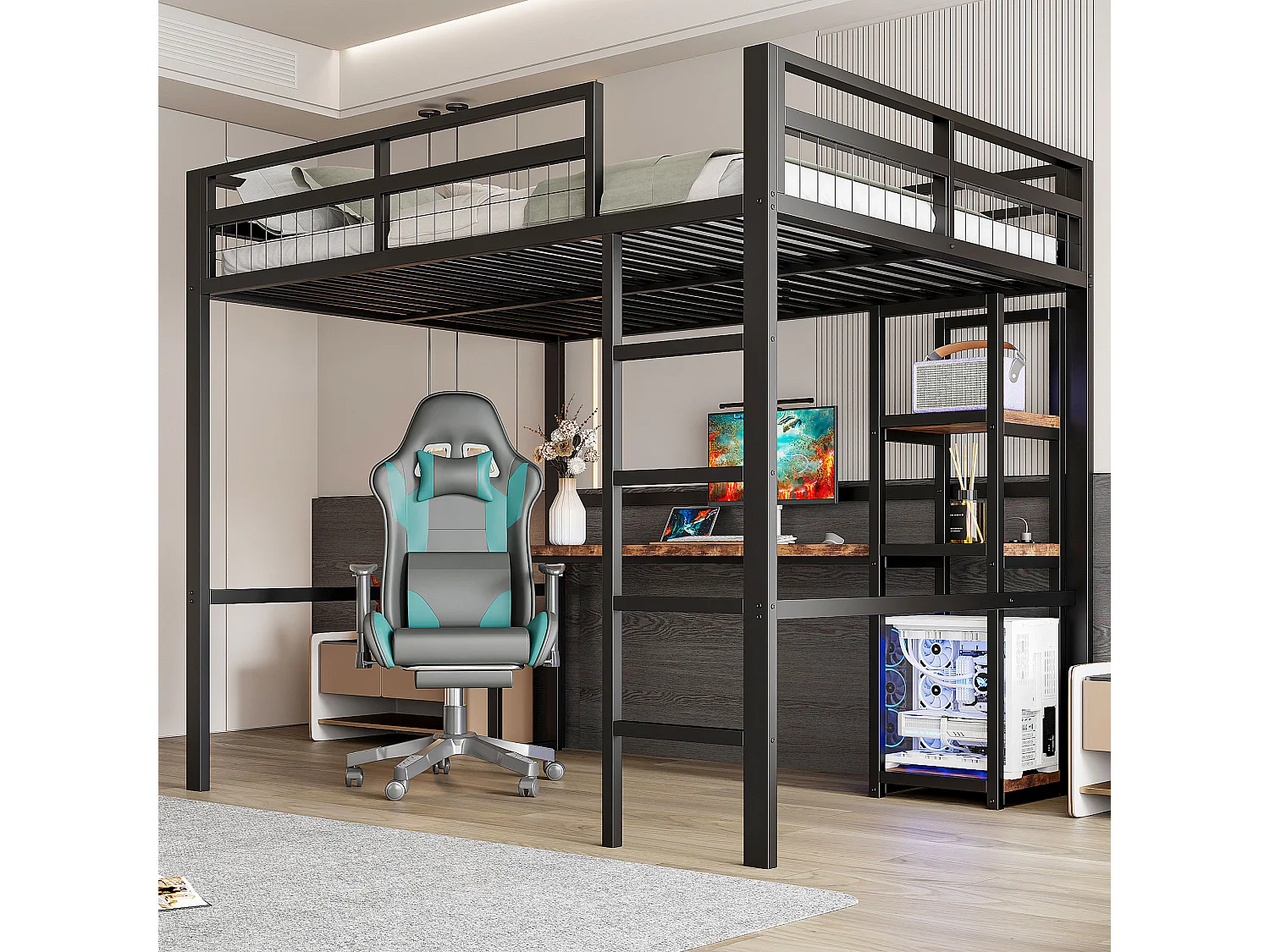 Lit mezzanine pour enfant - 140 x 200 cm - avec étagères de rangement + bureau avec prise + USB -Métal + MDF - noir