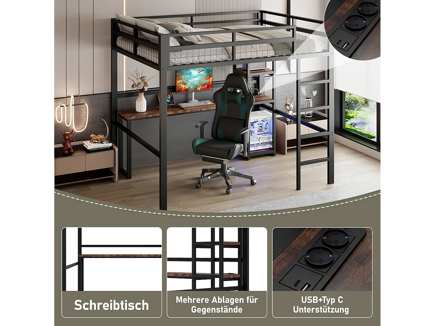 Lit mezzanine pour enfant - 140 x 200 cm - avec étagères de rangement + bureau avec prise + USB -Métal + MDF - noir