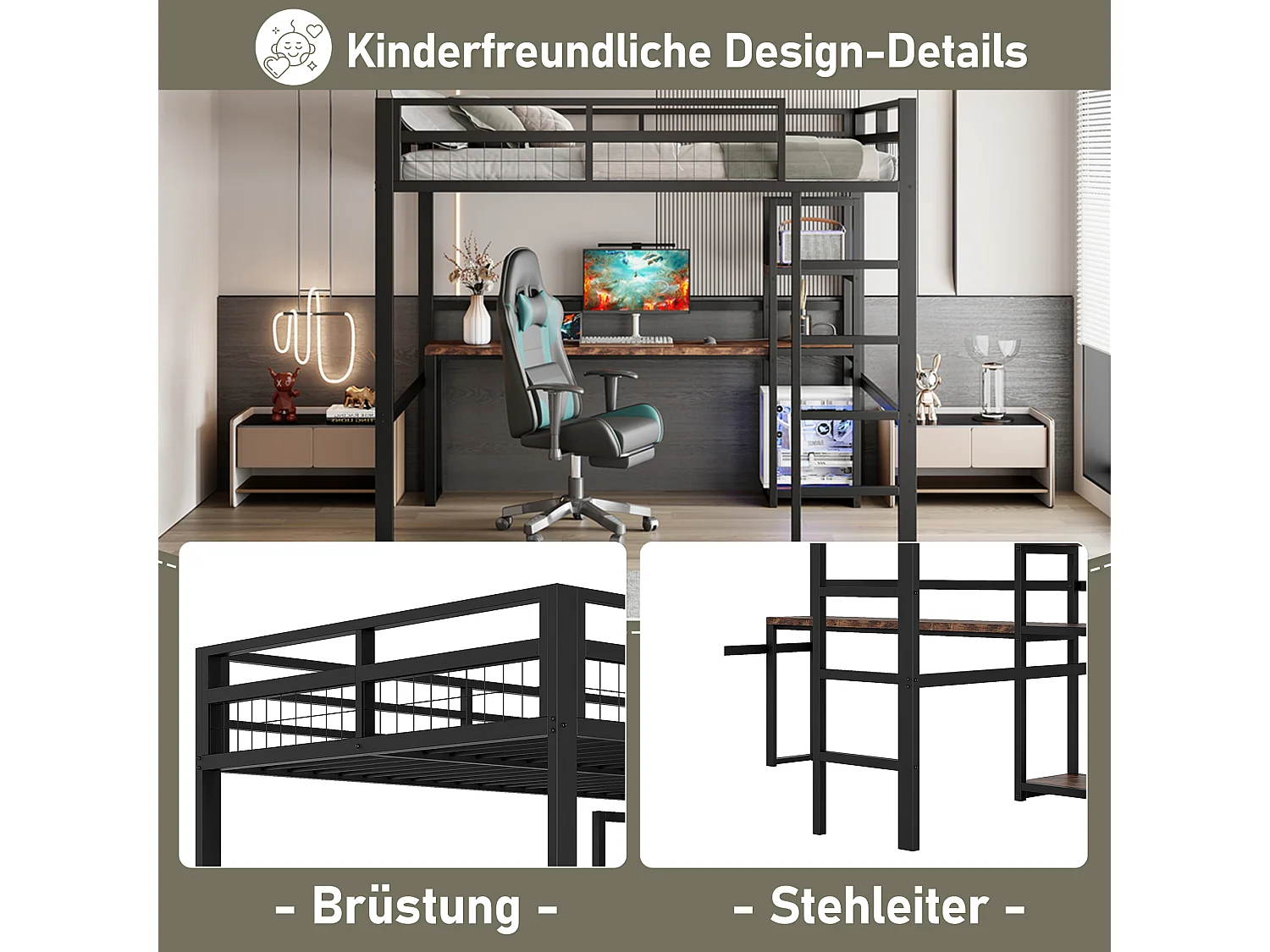 Lit mezzanine pour enfant - 140 x 200 cm - avec étagères de rangement + bureau avec prise + USB -Métal + MDF - noir