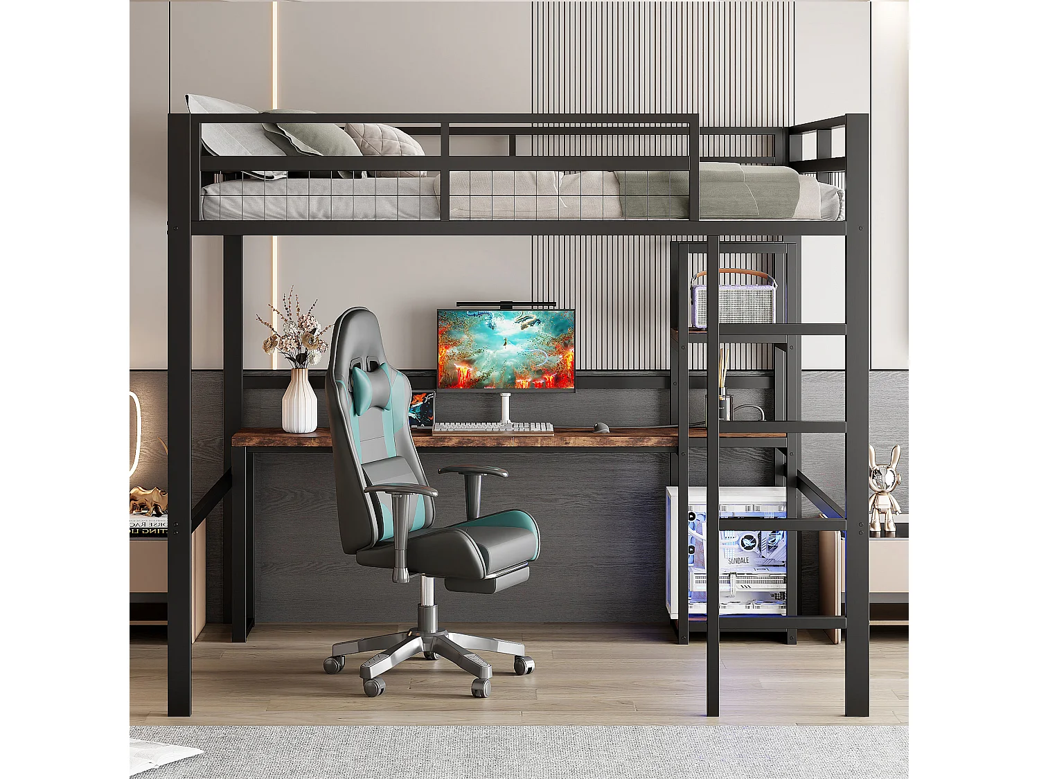 Lit mezzanine pour enfant - 140 x 200 cm - avec étagères de rangement + bureau avec prise + USB -Métal + MDF - noir