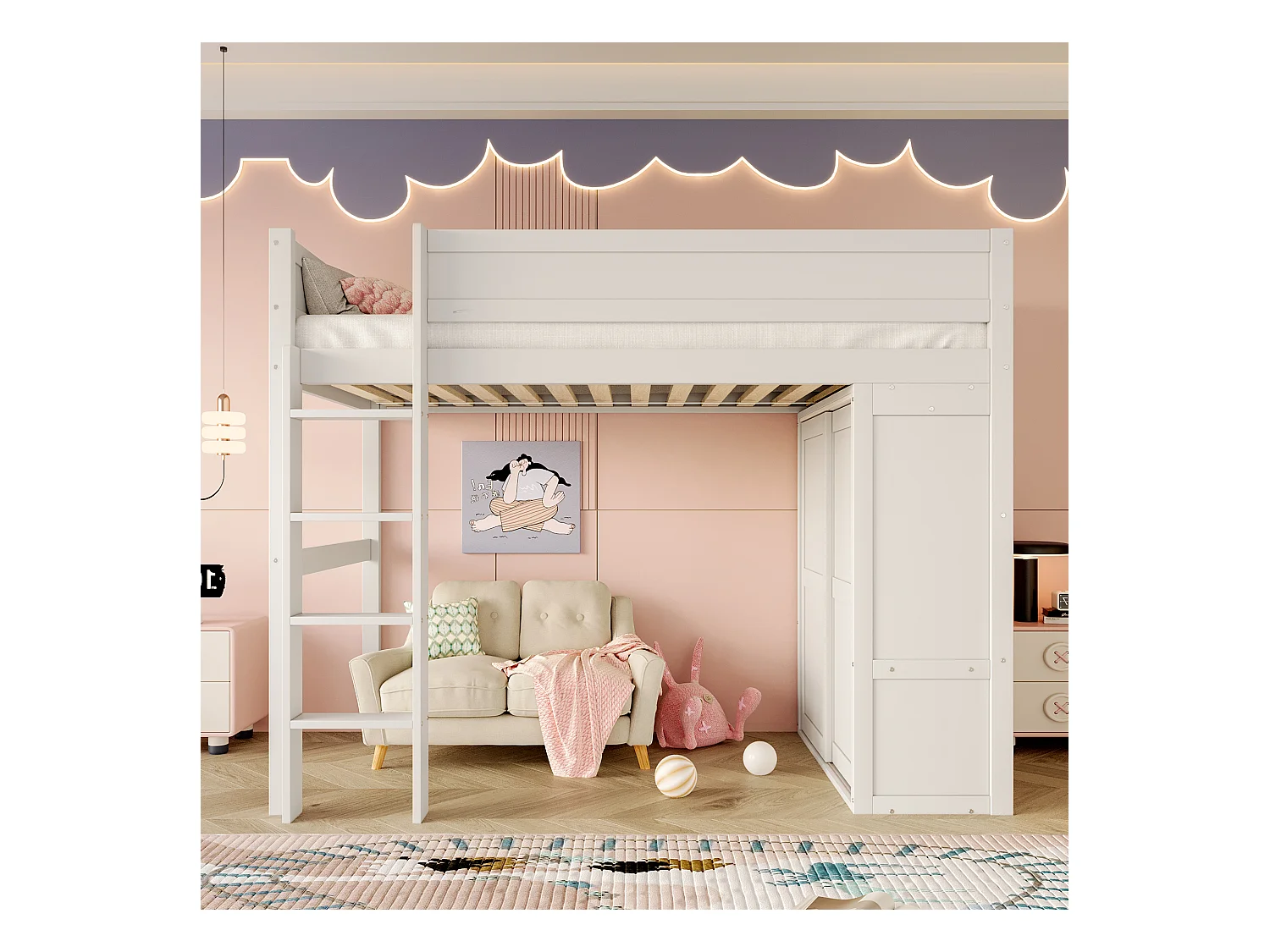 Kinderhochbett – 90 x 200 cm – mit Kleiderschrank + Stauraum – Kiefer + MDF – weiß