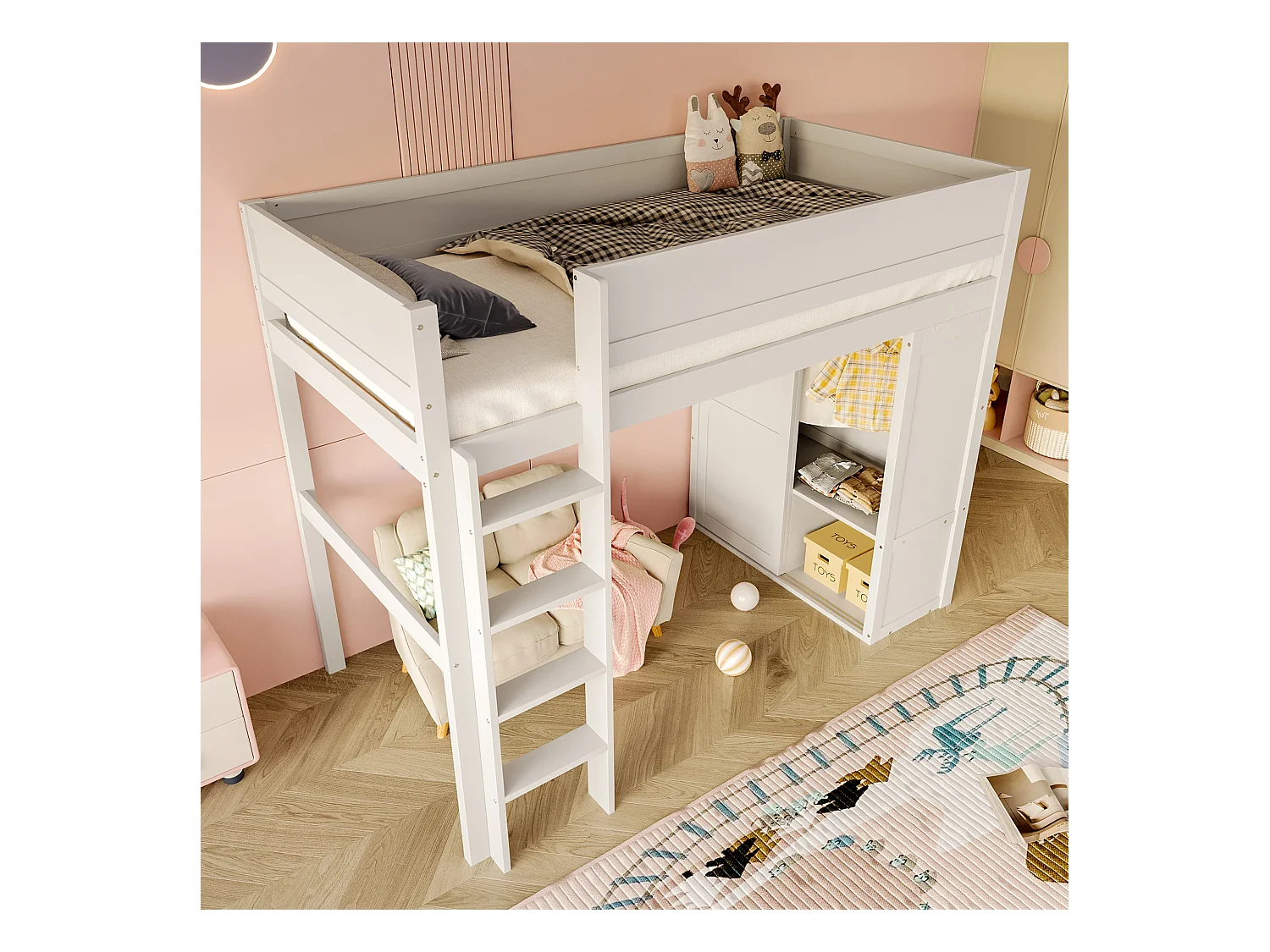 Kinderhochbett – 90 x 200 cm – mit Kleiderschrank + Stauraum – Kiefer + MDF – weiß