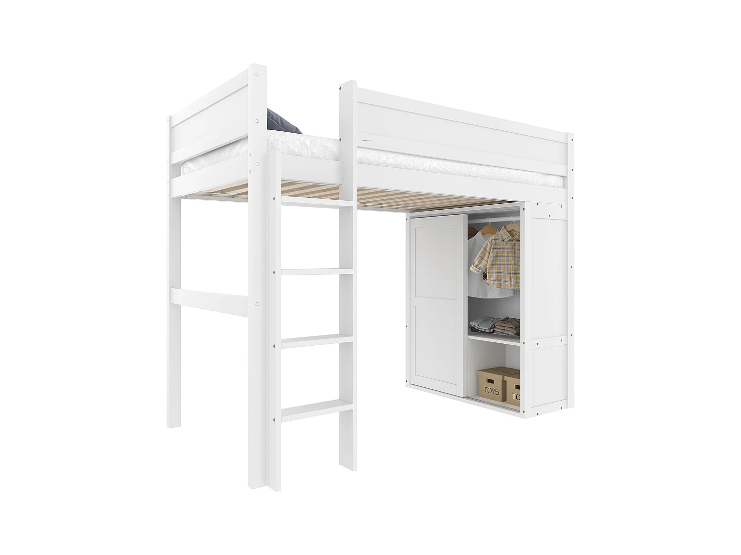 Kinderhochbett – 90 x 200 cm – mit Kleiderschrank + Stauraum – Kiefer + MDF – weiß