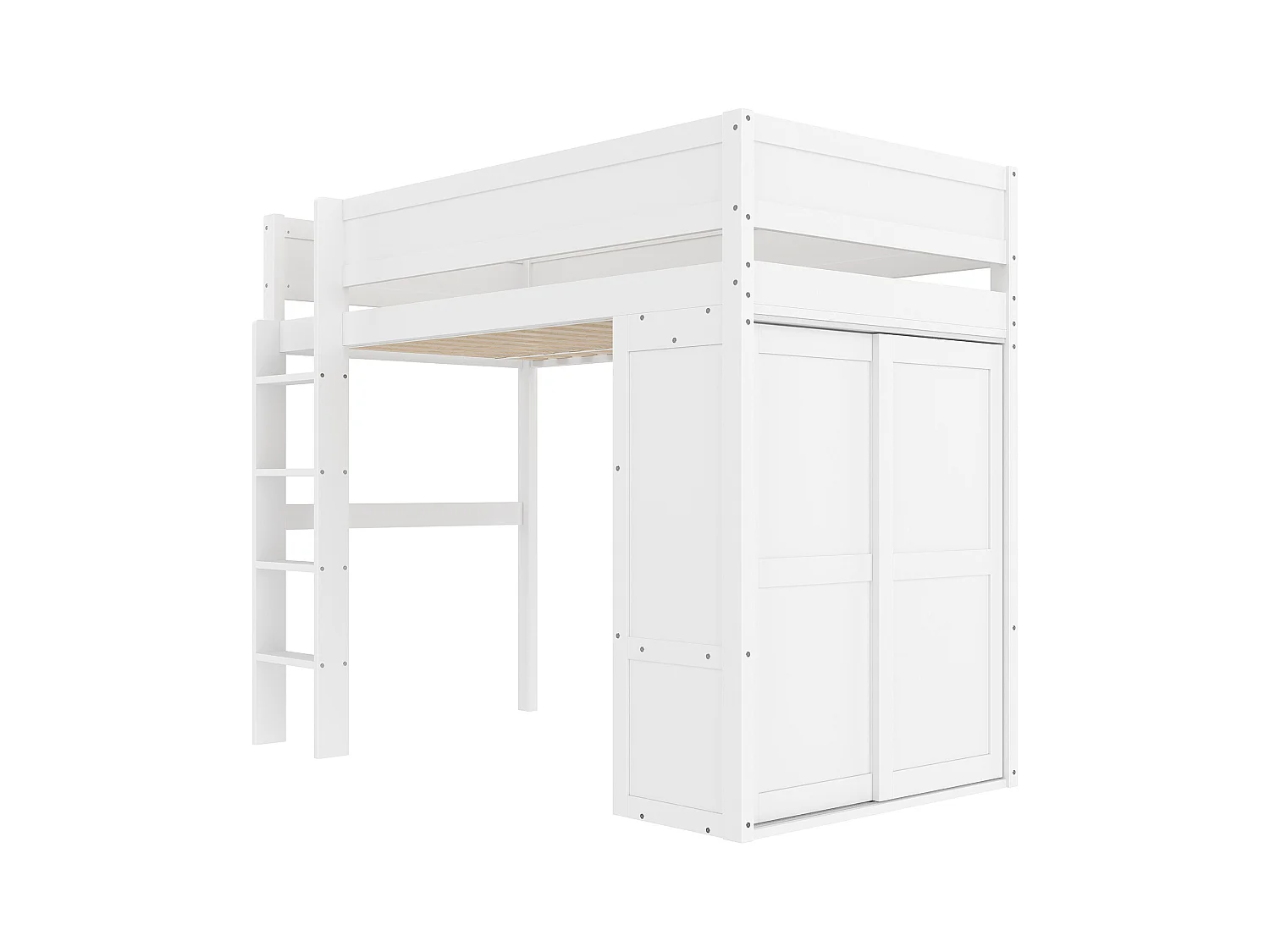 Kinderhochbett – 90 x 200 cm – mit Kleiderschrank + Stauraum – Kiefer + MDF – weiß