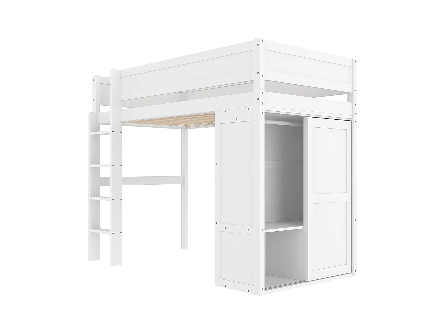 Kinderhochbett – 90 x 200 cm – mit Kleiderschrank + Stauraum – Kiefer + MDF – weiß
