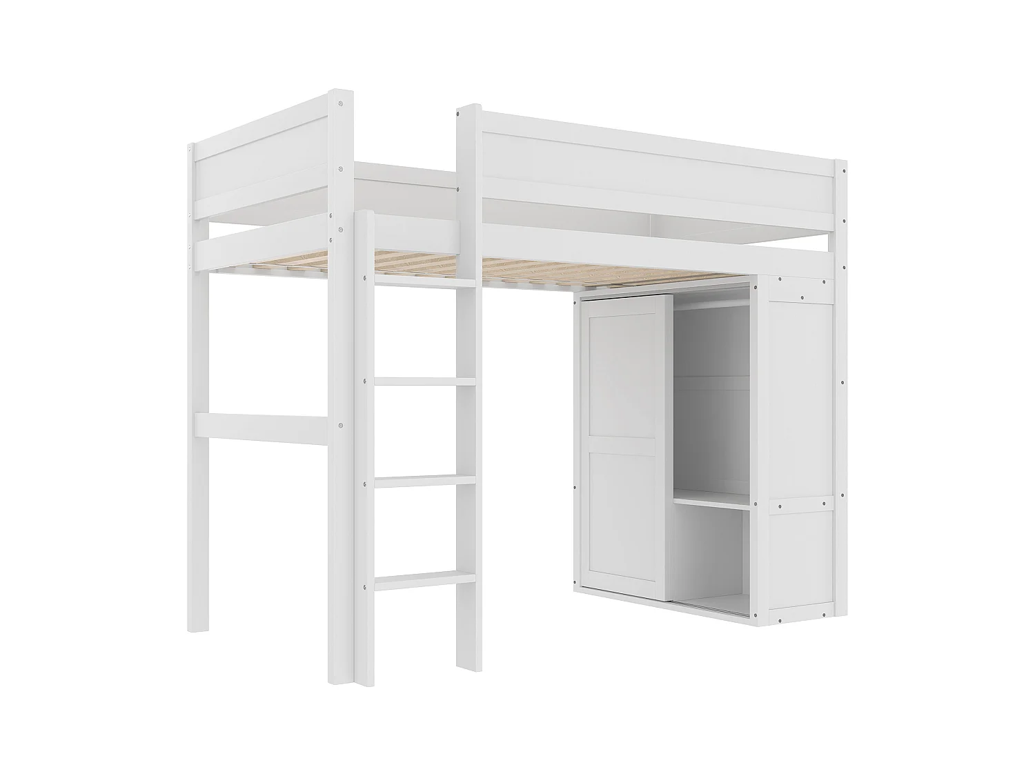 Kinderhochbett – 90 x 200 cm – mit Kleiderschrank + Stauraum – Kiefer + MDF – weiß