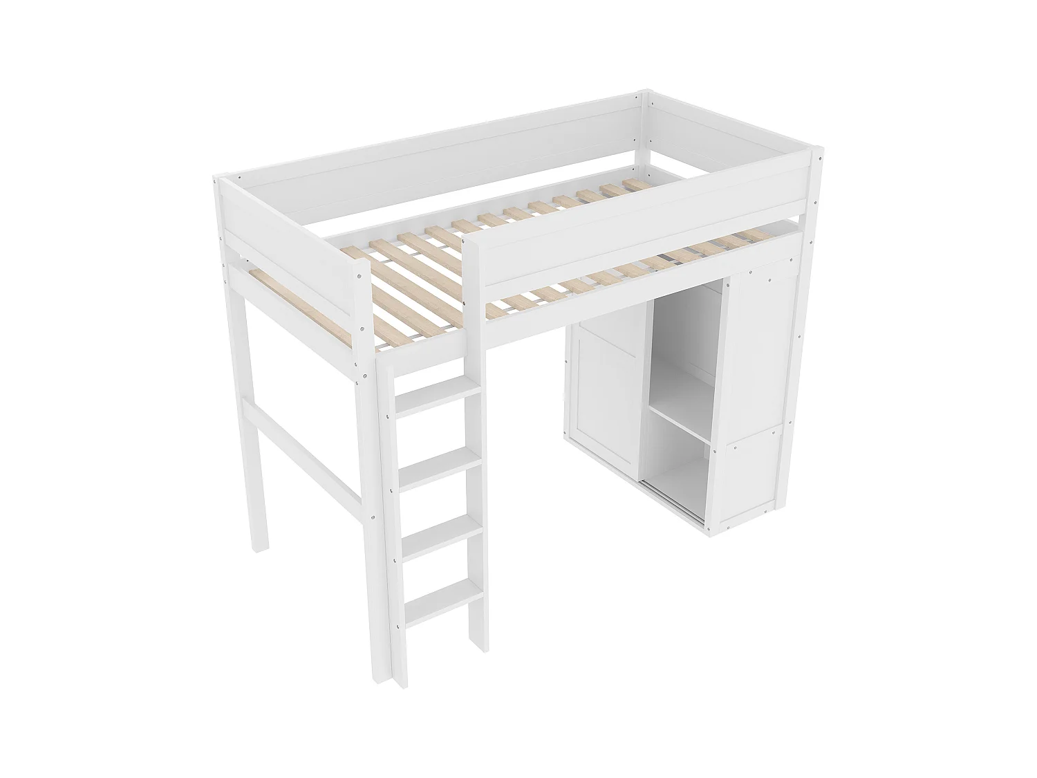 Kinderhochbett – 90 x 200 cm – mit Kleiderschrank + Stauraum – Kiefer + MDF – weiß