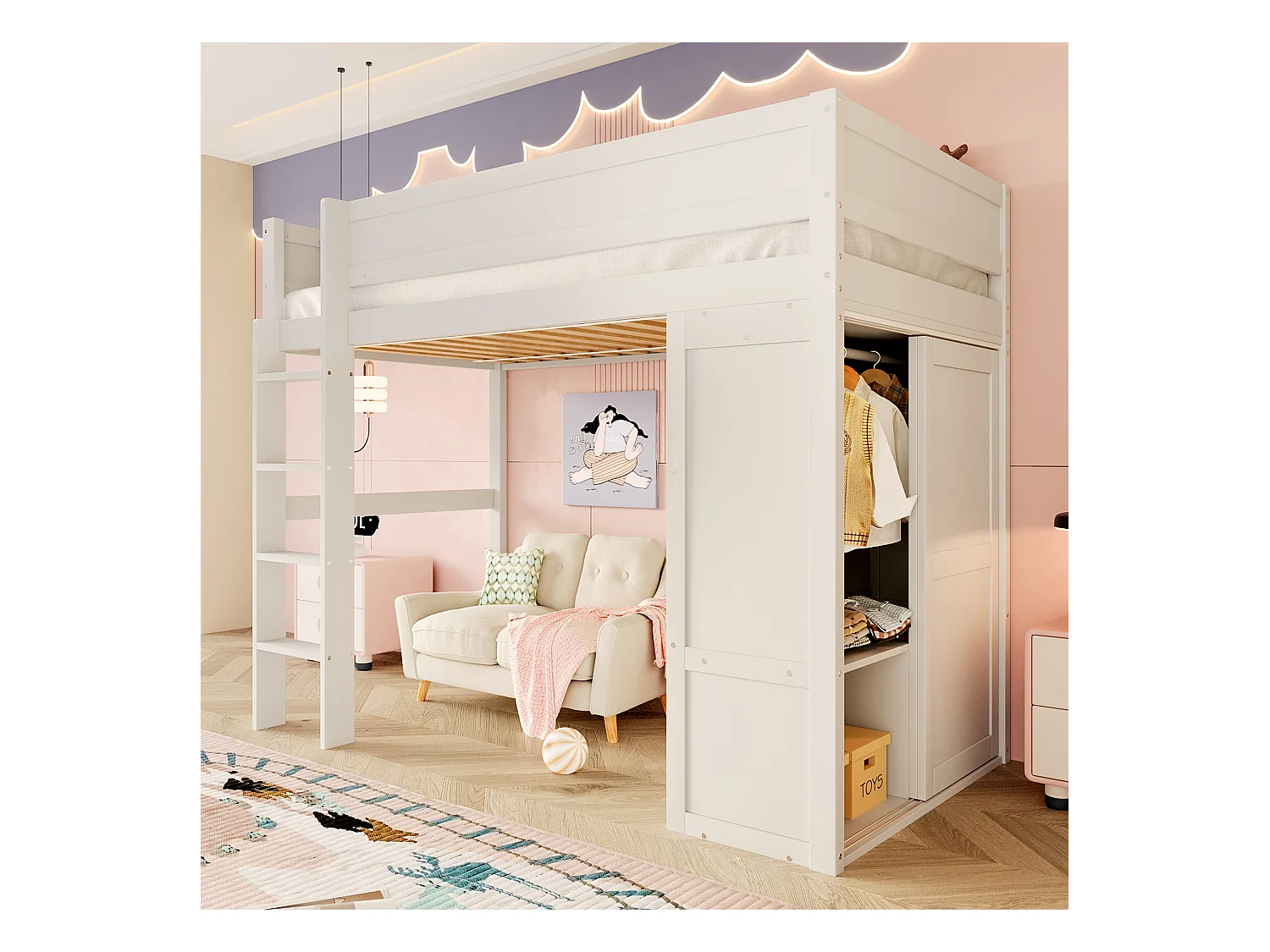 Lit mezzanine pour enfant - 90 x 200 cm - avec armoire + compartiment de rangement - Pin + MDF - blanc
