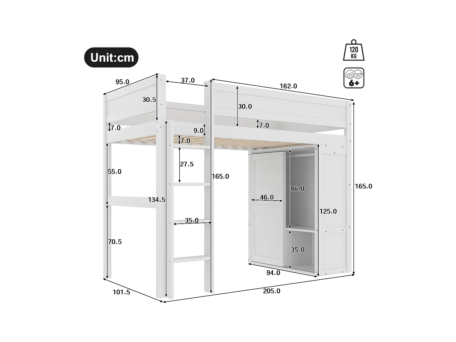 Lit mezzanine pour enfant - 90 x 200 cm - avec armoire + compartiment de rangement - Pin + MDF - blanc