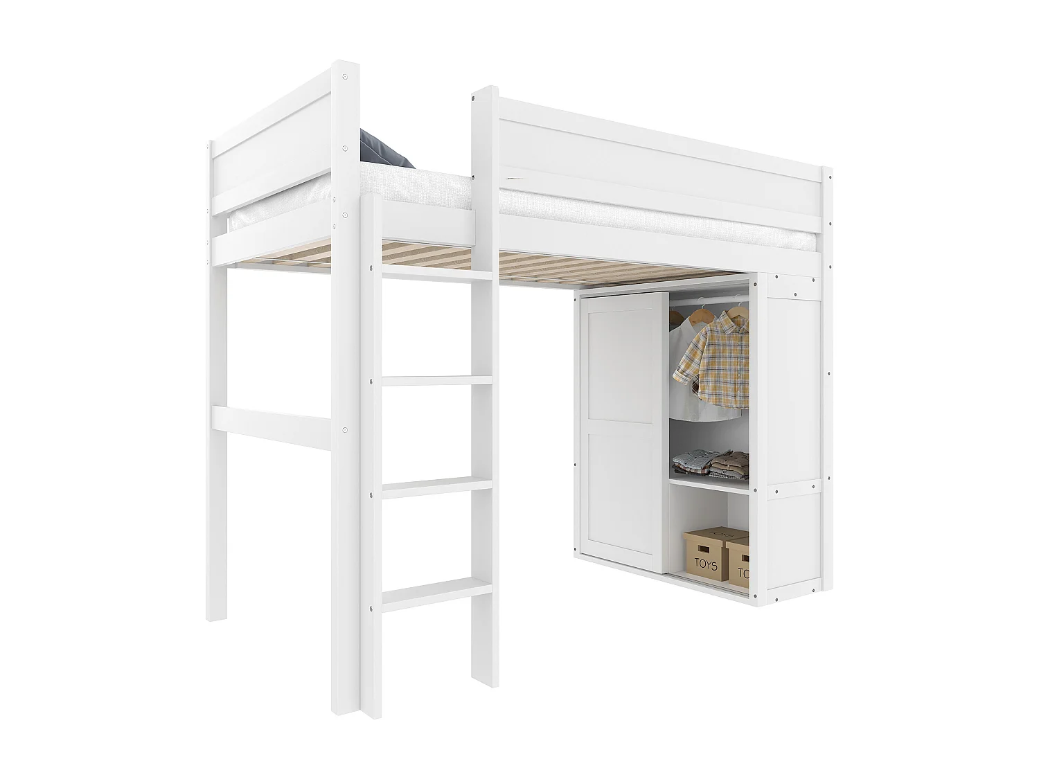 Kinderhochbett – 90 x 200 cm – mit Kleiderschrank + Stauraum – Kiefer + MDF – weiß