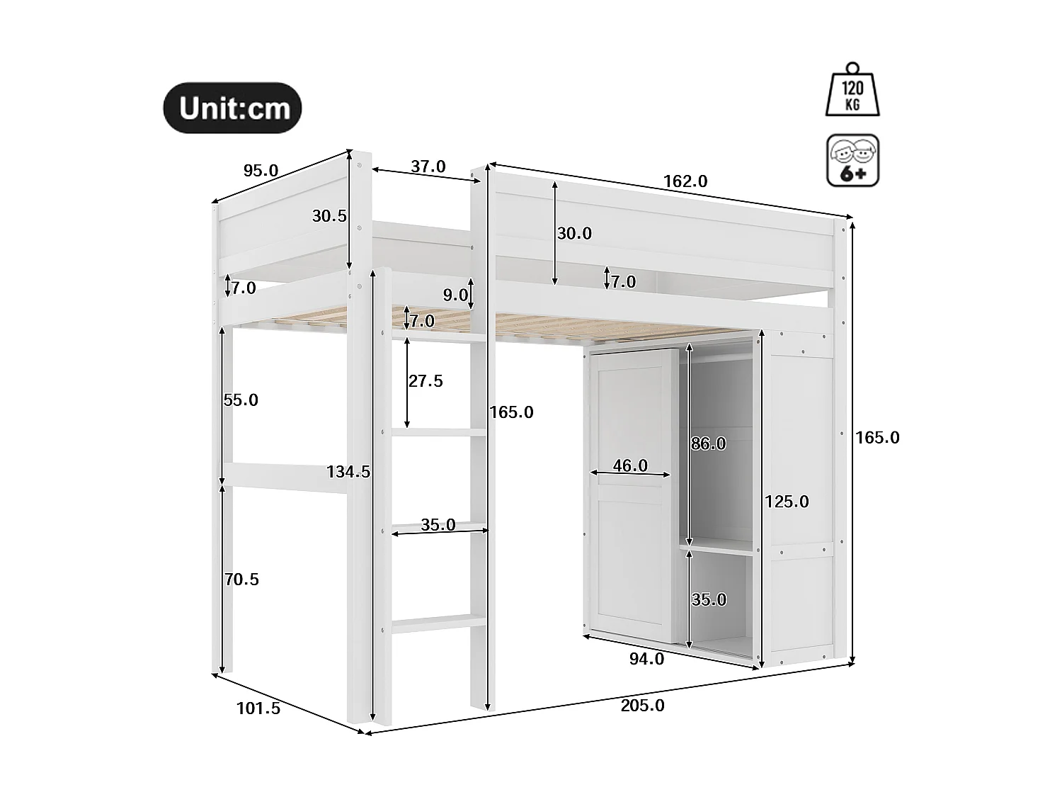 Kinderhochbett – 90 x 200 cm – mit Kleiderschrank + Stauraum – Kiefer + MDF – weiß