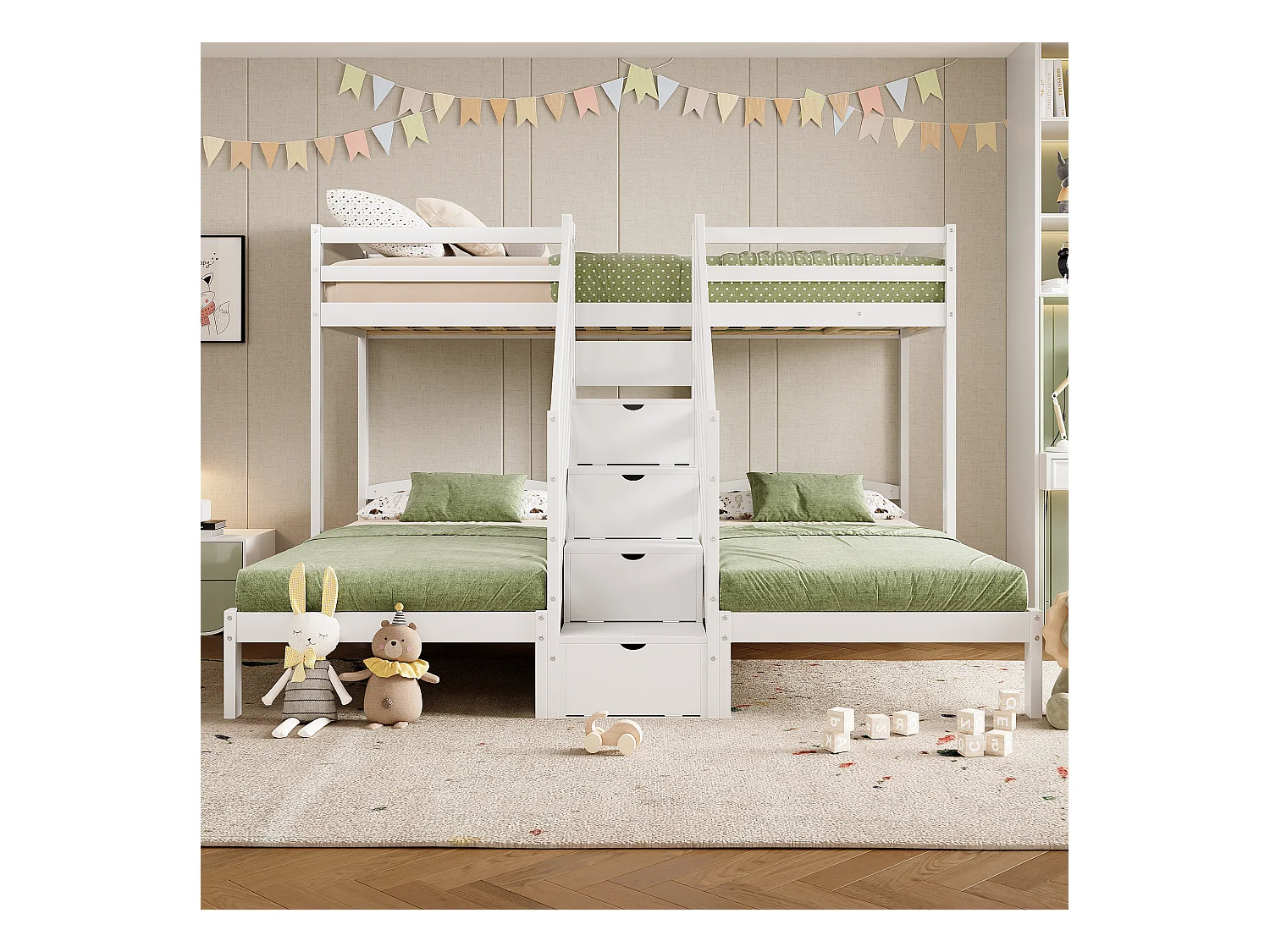 Cama alta alta para 3 niños - 3 x 90 x 200 cm - con 4 módulos de almacenaje en el hueco de la escalera - Pino + MDF - blanco