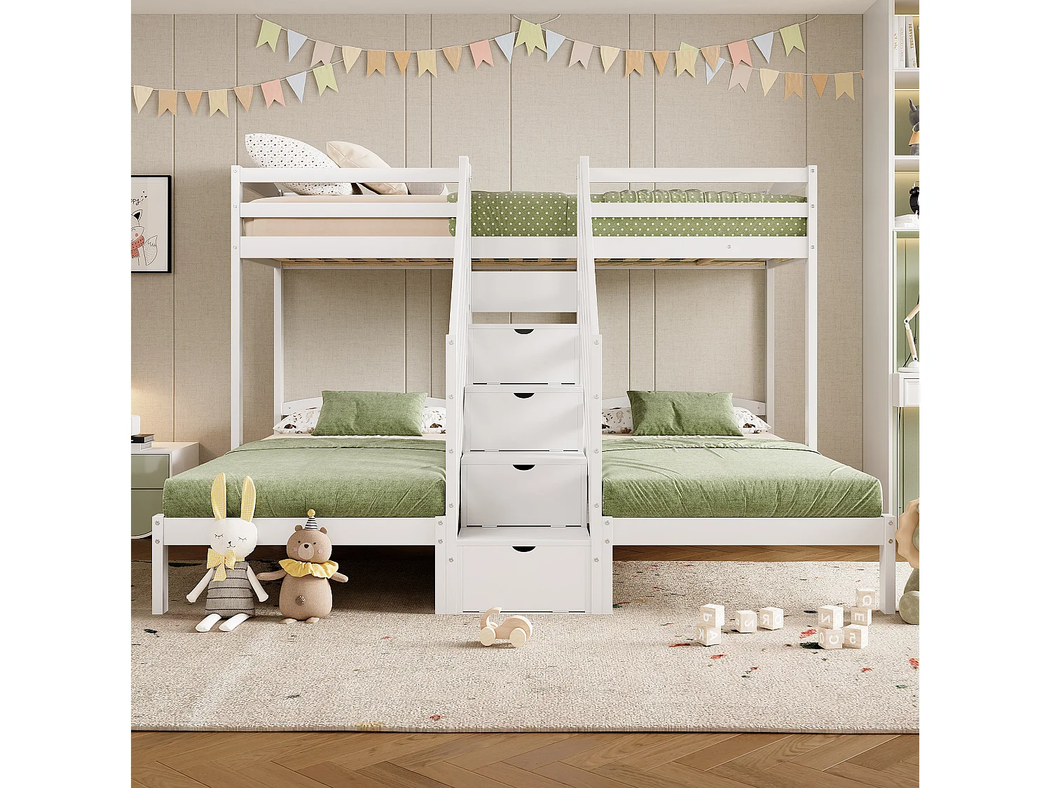 Lit mezzanine pour 3 enfants - 3 x 90 x 200 cm - avec 4 rangements dans l'escalier - Pin + MDF - blanc