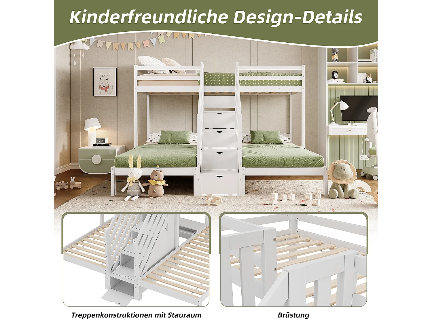 Lit mezzanine pour 3 enfants - 3 x 90 x 200 cm - avec 4 rangements dans l'escalier - Pin + MDF - blanc