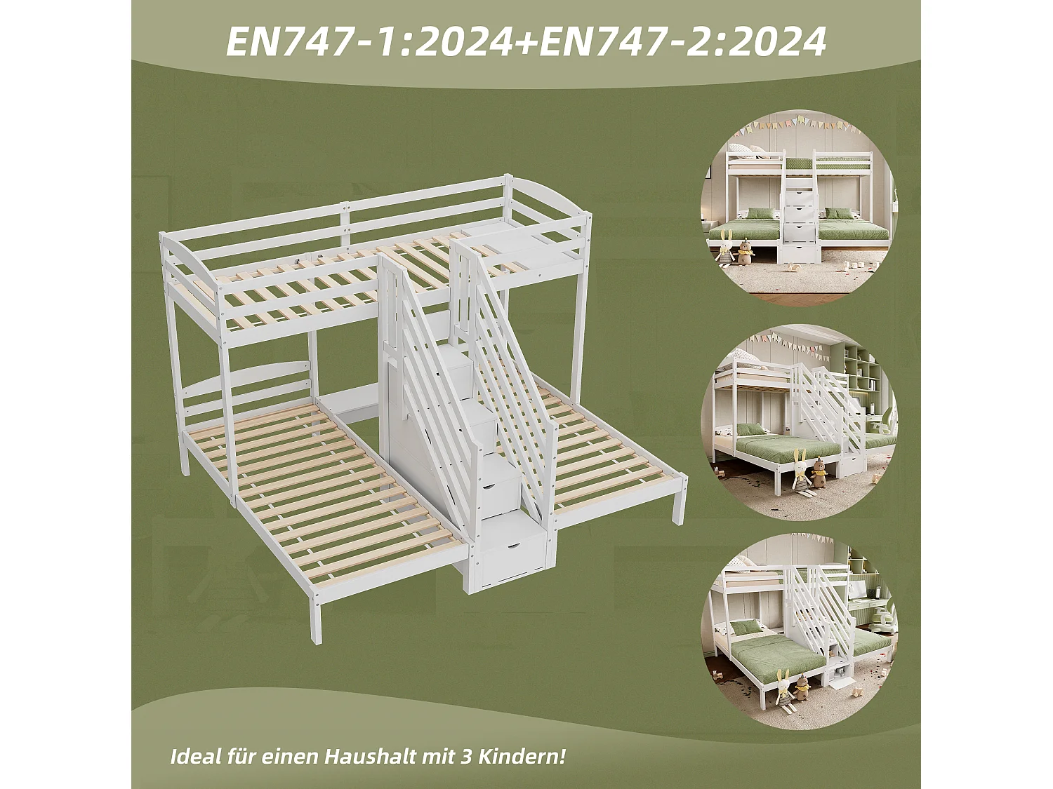 Lit mezzanine pour 3 enfants - 3 x 90 x 200 cm - avec 4 rangements dans l'escalier - Pin + MDF - blanc