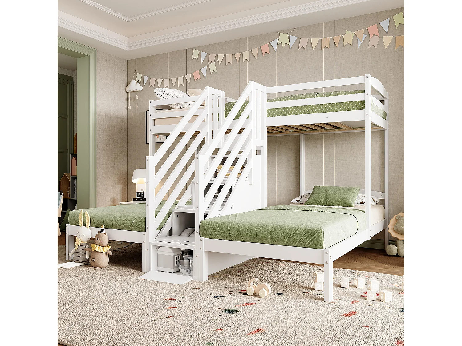 Lit mezzanine pour 3 enfants - 3 x 90 x 200 cm - avec 4 rangements dans l'escalier - Pin + MDF - blanc