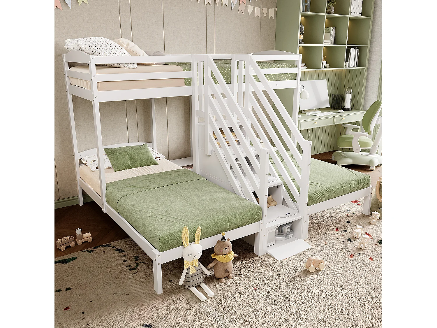 Lit mezzanine pour 3 enfants - 3 x 90 x 200 cm - avec 4 rangements dans l'escalier - Pin + MDF - blanc