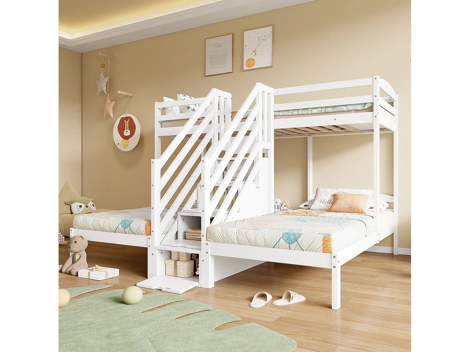 Lit mezzanine pour 3 enfants - 3 x 90 x 200 cm - avec 4 rangements dans l'escalier - Pin + MDF - blanc