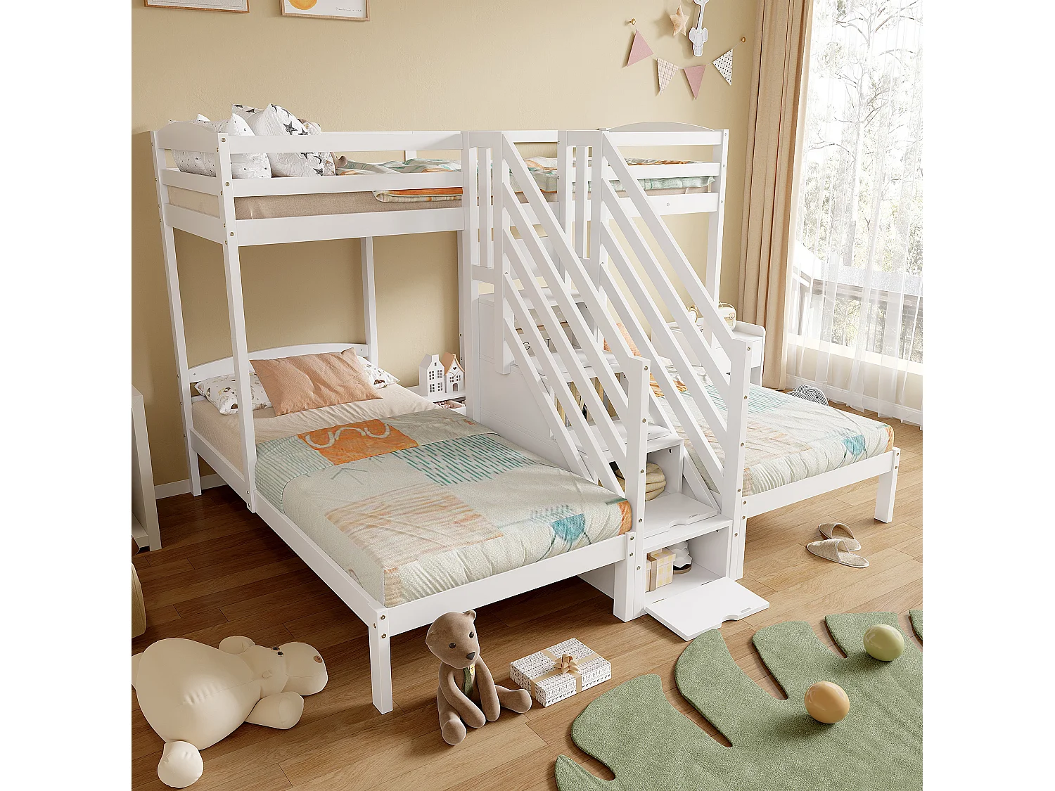 Lit mezzanine pour 3 enfants - 3 x 90 x 200 cm - avec 4 rangements dans l'escalier - Pin + MDF - blanc