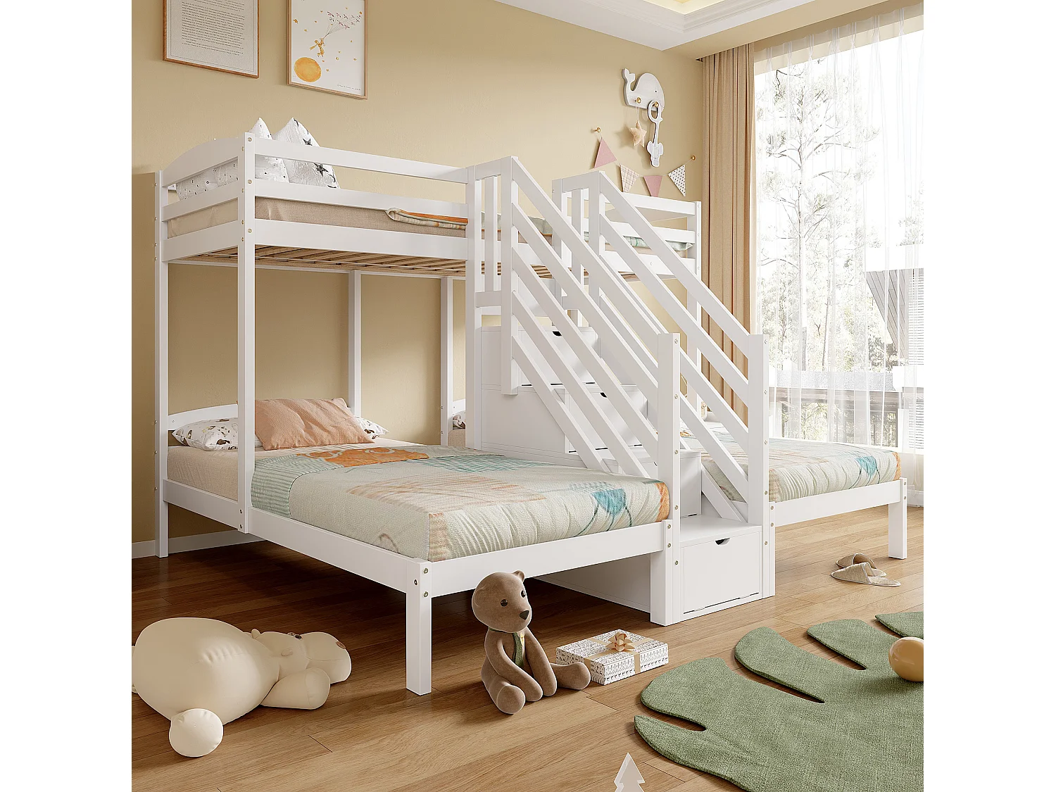 Lit mezzanine pour 3 enfants - 3 x 90 x 200 cm - avec 4 rangements dans l'escalier - Pin + MDF - blanc