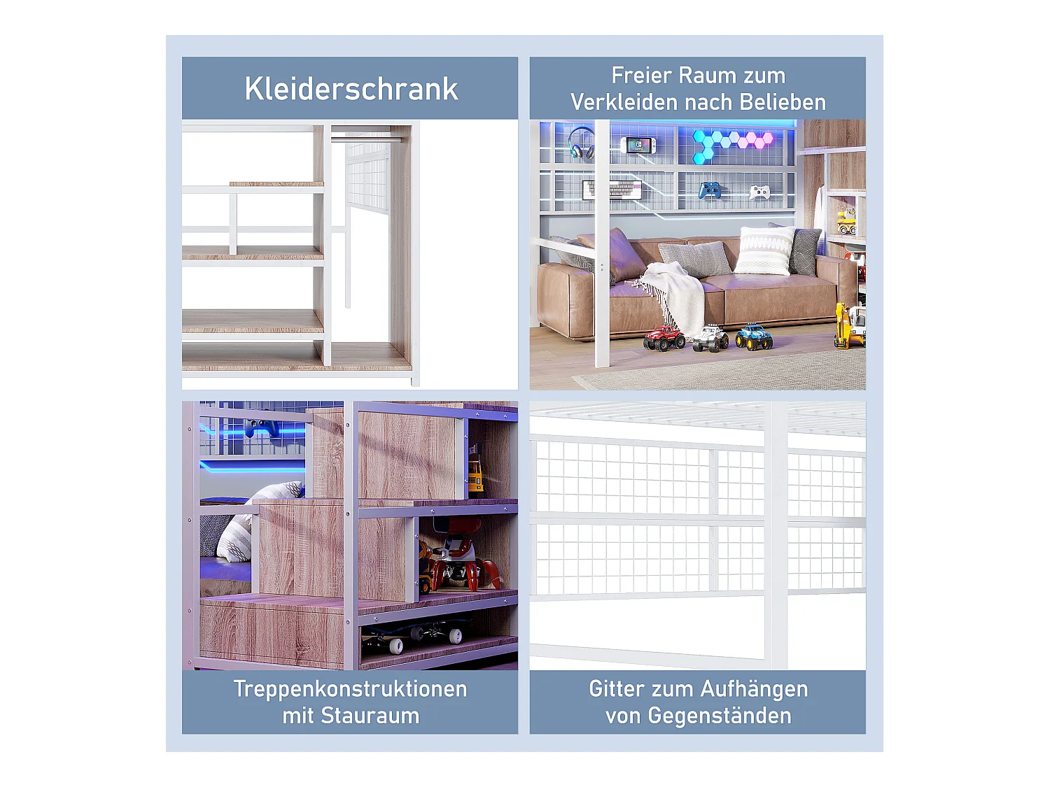 Łóżko piętrowe dla dzieci - 140 x 200 cm - z szafą + schowkiem na klatce schodowej + diodami LED - Metal + MDF - biały